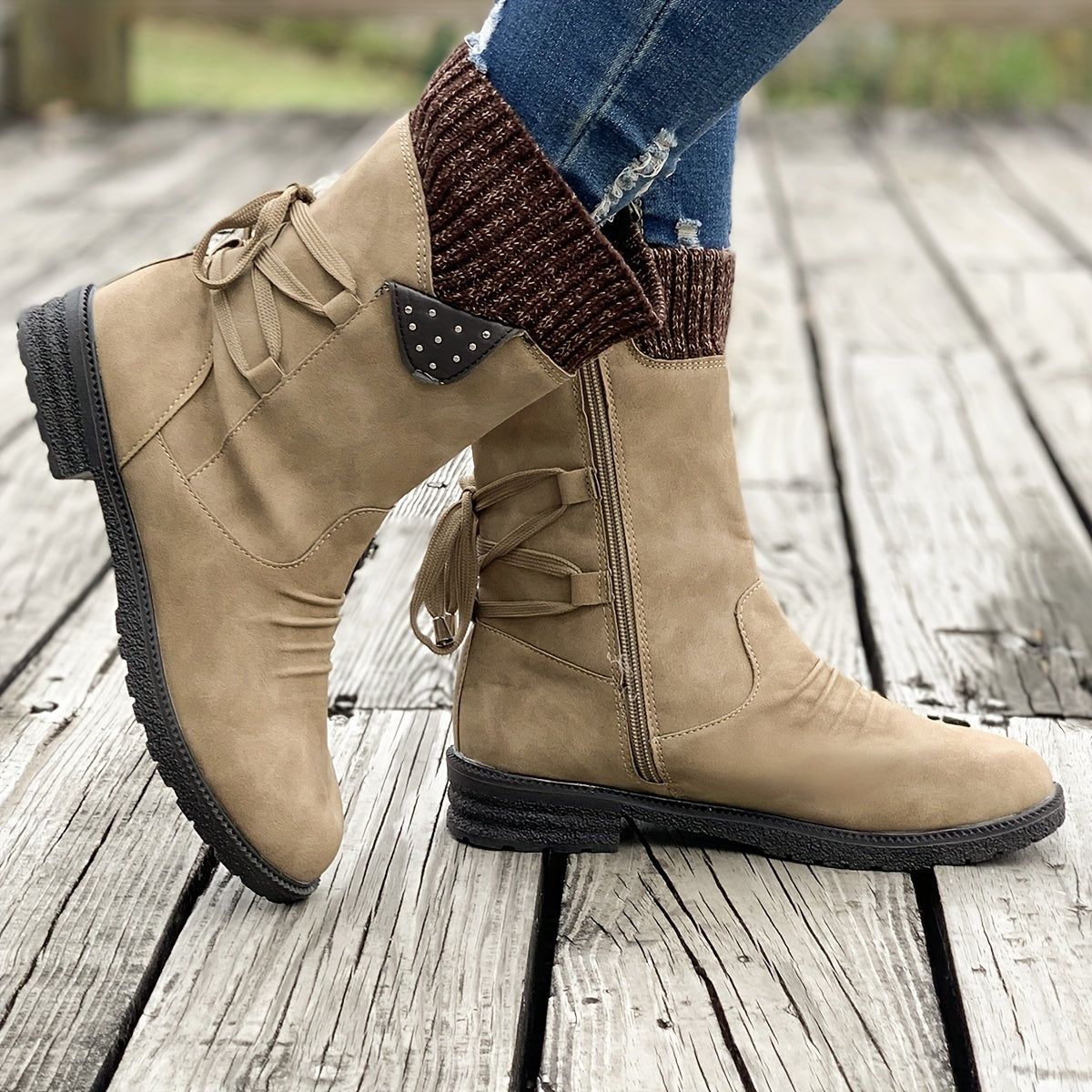 Women's Knitted Boots with Faux Leather Panel Design, Tie Back, and Side Zip