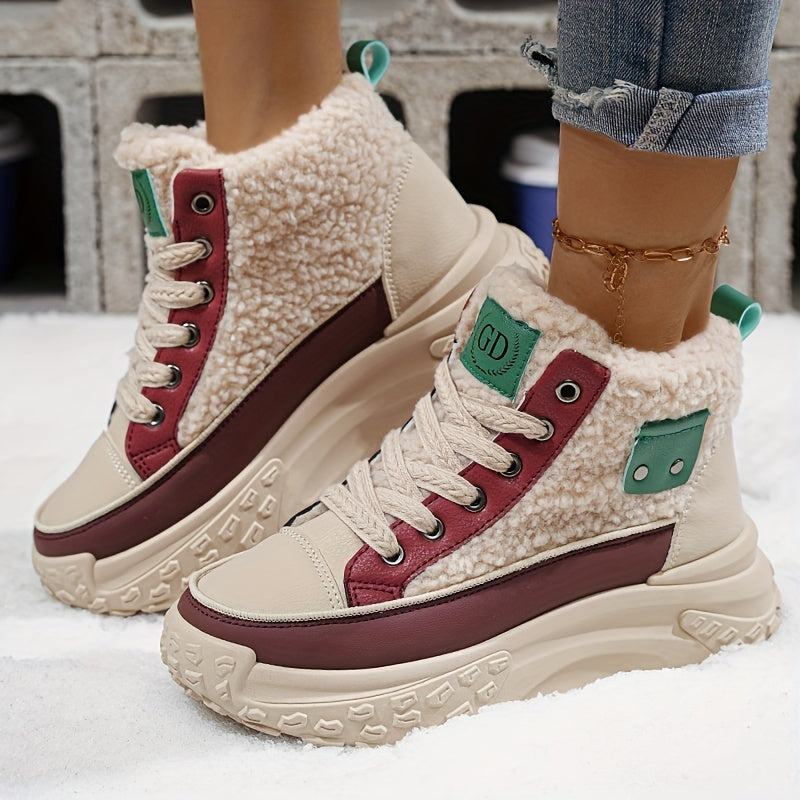 Winter Women's Ankle & Bootie Sneakers - Lace-Up Solid Color, Faux Fur High-Top Chunky Dad Shoes with Rubber Sole & PU Insole - Warm Athletic Footwear