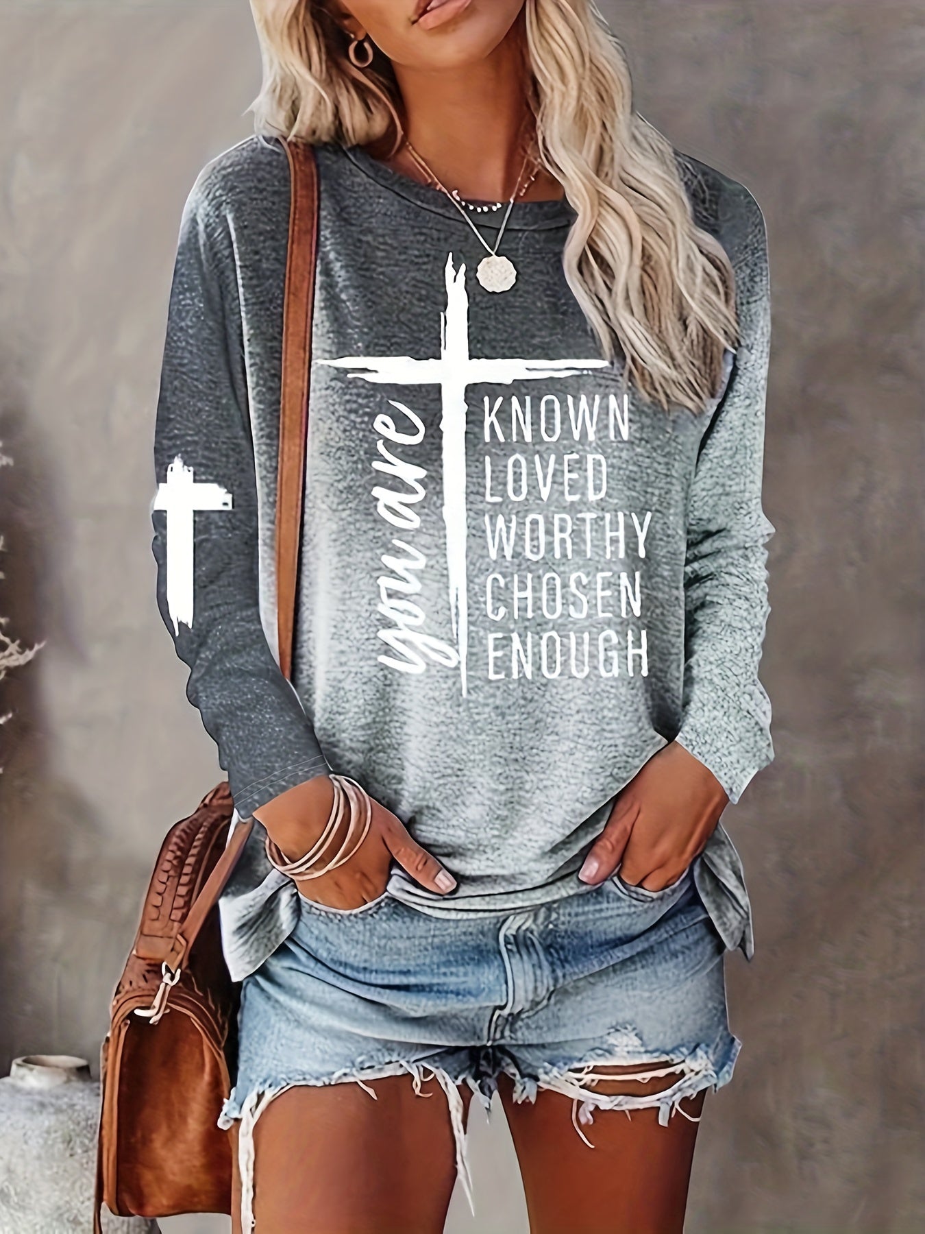 Cross & Letter Print T-shirt, Casual Crew Neck Long Sleeve T-shirt, Women's Clothing