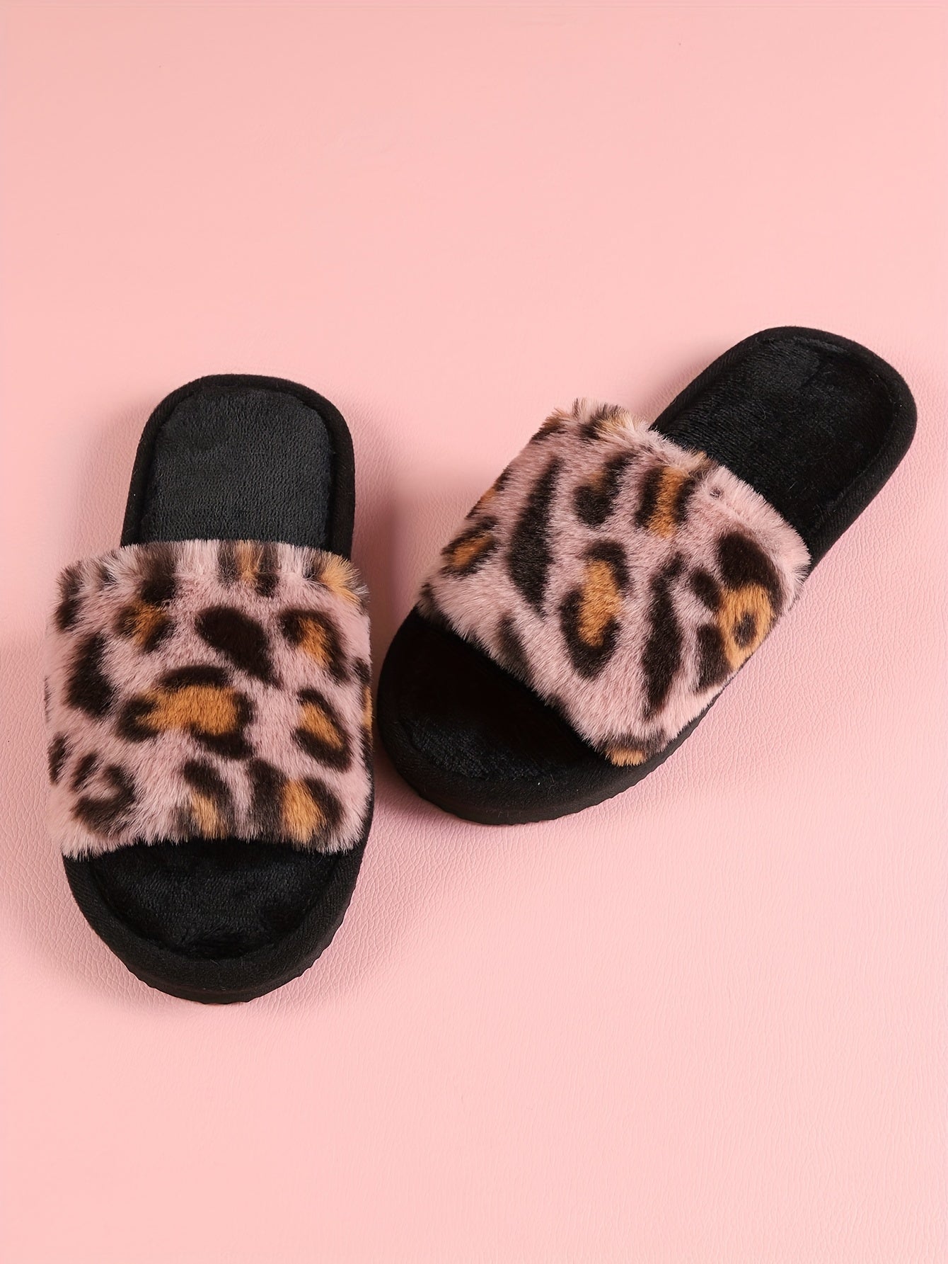 Leopard Print Plush Slippers For Women, Cozy & Warm Open Toe Soft Sole Shoes, Comfy Indoor Floor Fuzzy Slippers