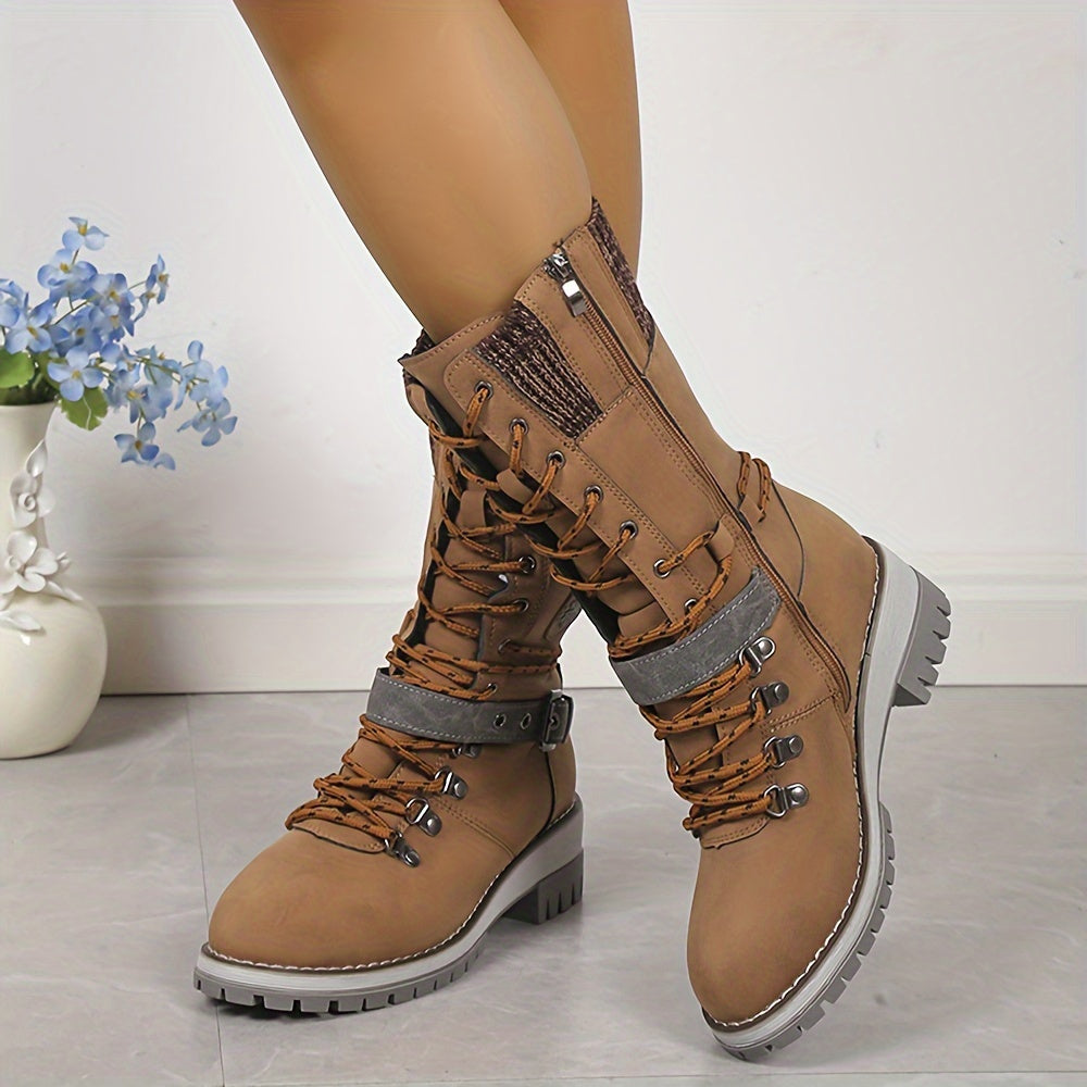 Mid Calf Thermal Women's Fashion Boots, Knitted Lace Up with Side Zipper, All-Match Outdoor