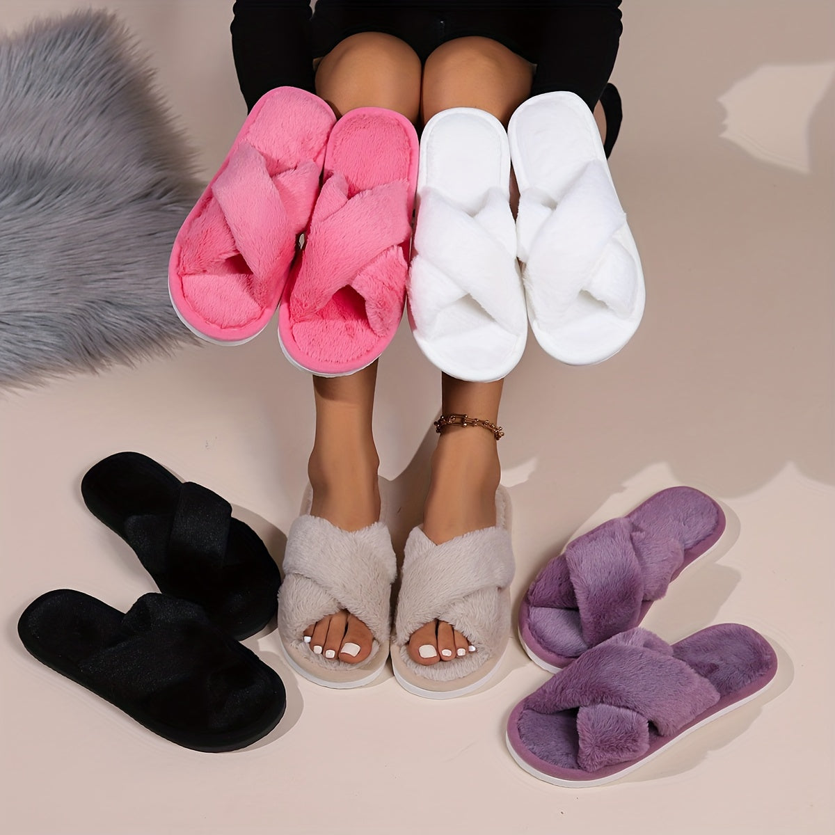 Winter Crisscross Band Plush Slippers, Solid Color Open Toe Slip On Flat Fuzzy Shoes, Cozy & Warm Home Slippers