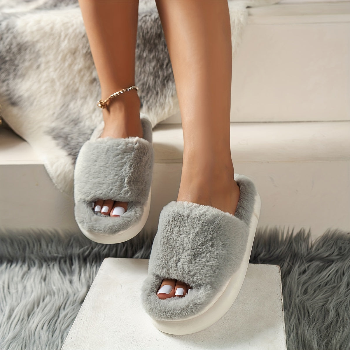 Cozy Fluffy Furry House Slippers, Single Band Open Toe Platform Fuzzy Shoes, Comfy Warm Home Slippers