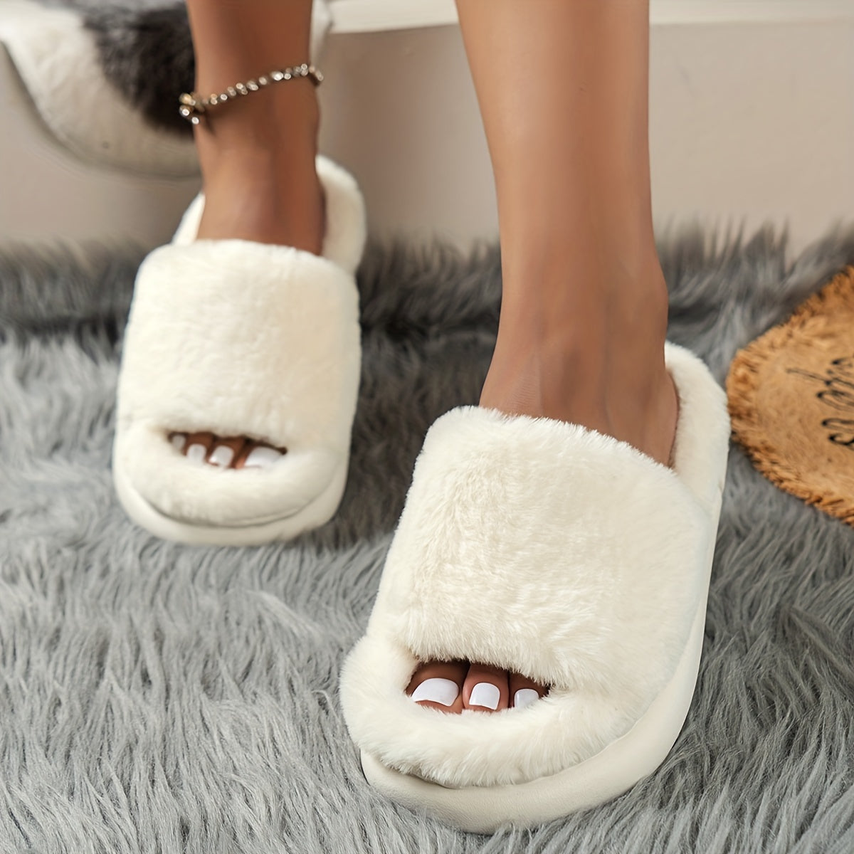 Cozy Fluffy Furry House Slippers, Single Band Open Toe Platform Fuzzy Shoes, Comfy Warm Home Slippers