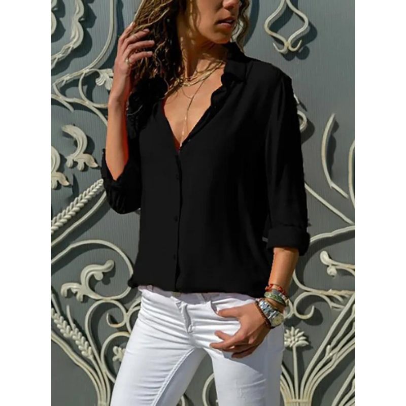 Women's Elegant Long Sleeve V Neck Loose Shirts