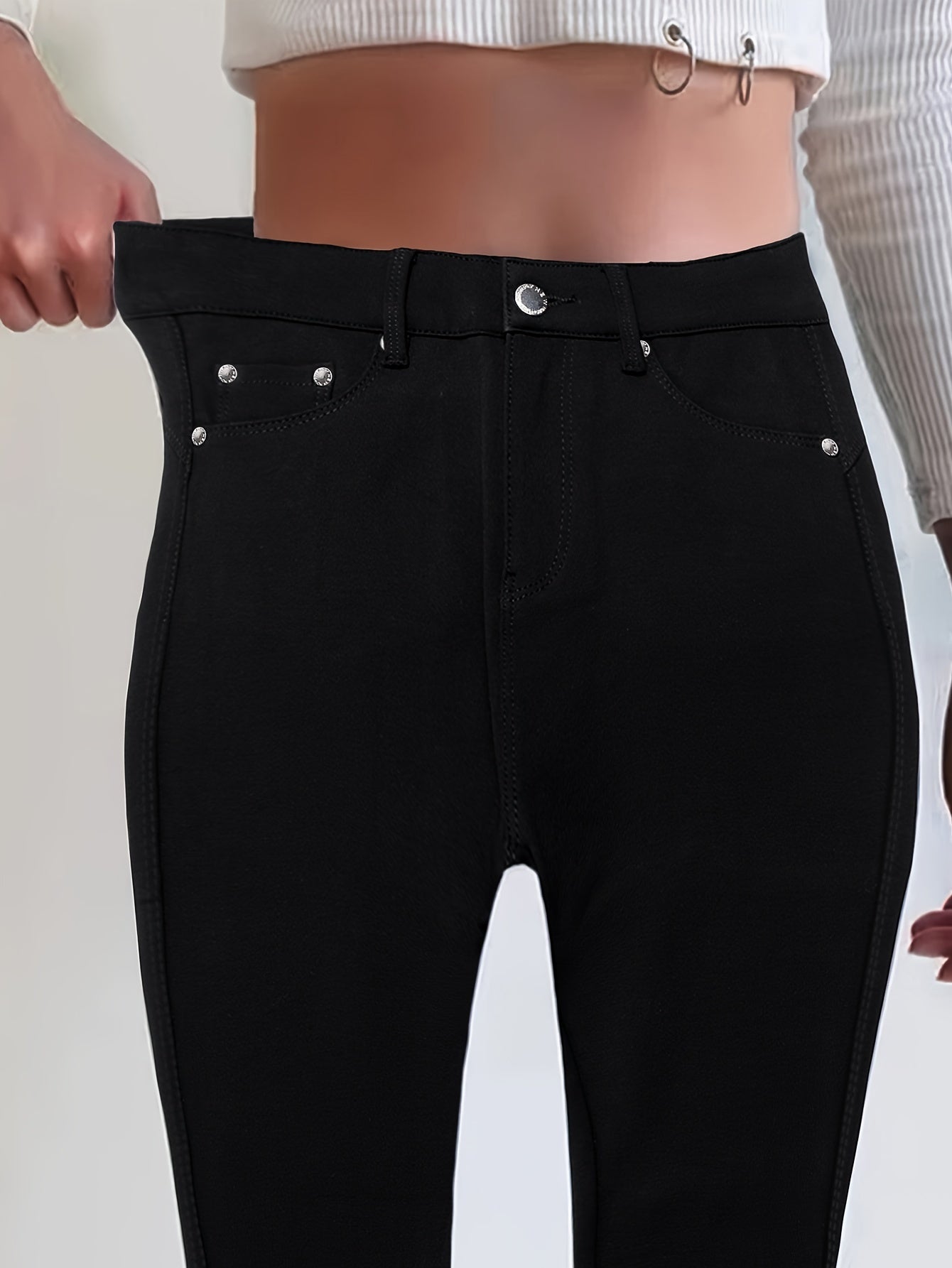 Women's High Waist Stretch Jeans, Street Style Skinny Denim Pants, Fashion Casual Wear, Metal Button Details – Plain Black Color