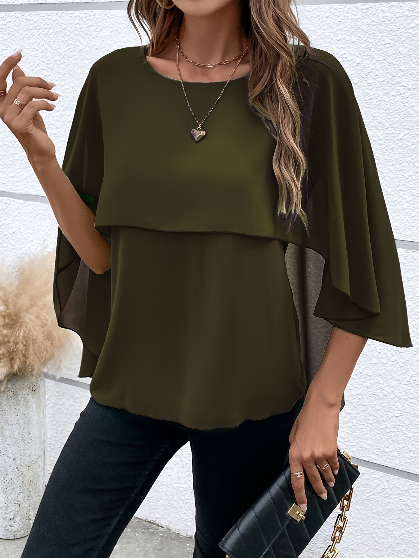 Solid Layered Cloak Sleeve Blouse, Versatile Crew Neck Blouse For Spring & Fall, Women's Clothing