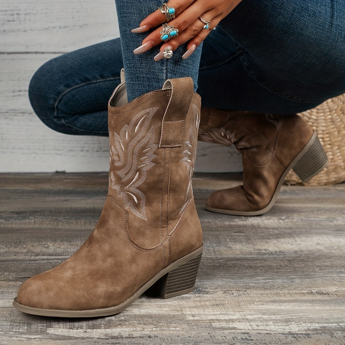 Comfortable Women's Chunky Heel Cowboy Boots, Fashion Slip On Western Boots