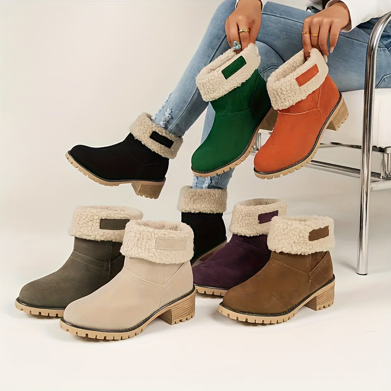 Women's Casual Mid Heel Ankle Booties - Solid Color, Faux Fur Trim, Round Toe, Slip-on Platform Boots with TPR Sole, All-Season Winter Footwear