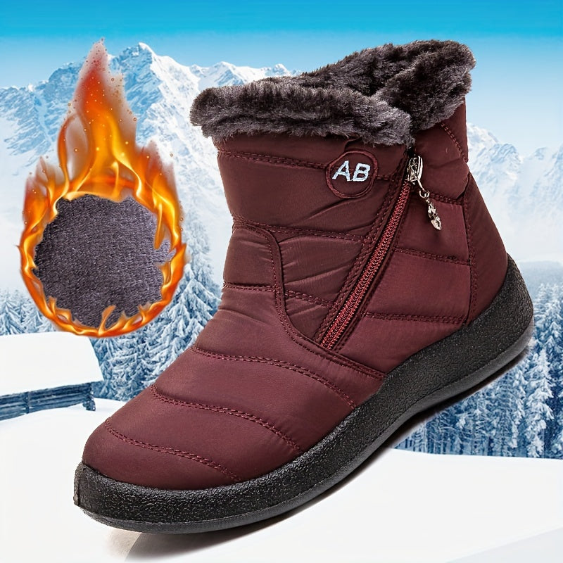 Women's Winter Snow Boots, Warm Ankle Booties, Waterproof Fabric With Side Zipper, Cozy Fur-Lined Insulated Footwear, Anti-Slip Sole