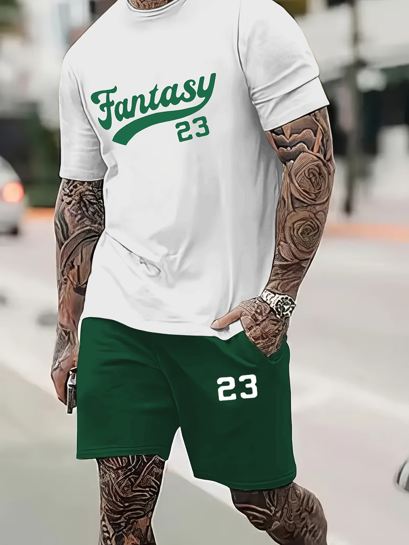 Fantasy 23 Print Men's Casual Two-Piece Set, Crew Neck T-shirt & Drawstring Shorts with Pockets for Summer