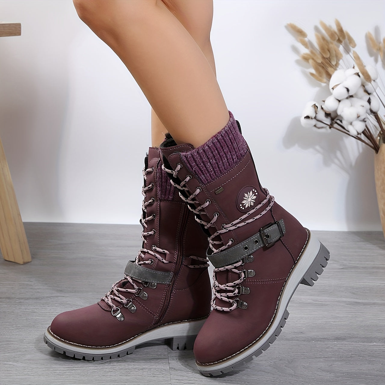 Stylish Knitted Mid-Calf Boots - Solid Color, Side Zipper, Buckle Belt, Non-Slip Sole, Perfect for Cold Weather & Casual Occasions