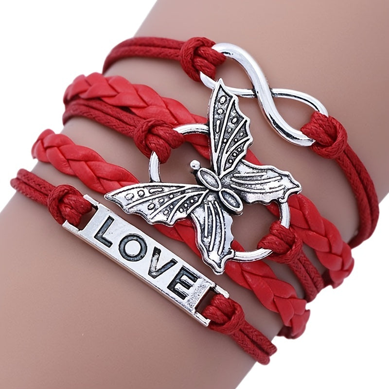 Vintage Handmade Multilayer Leather Bracelet With Letter Love And Butterfly For Men And Women