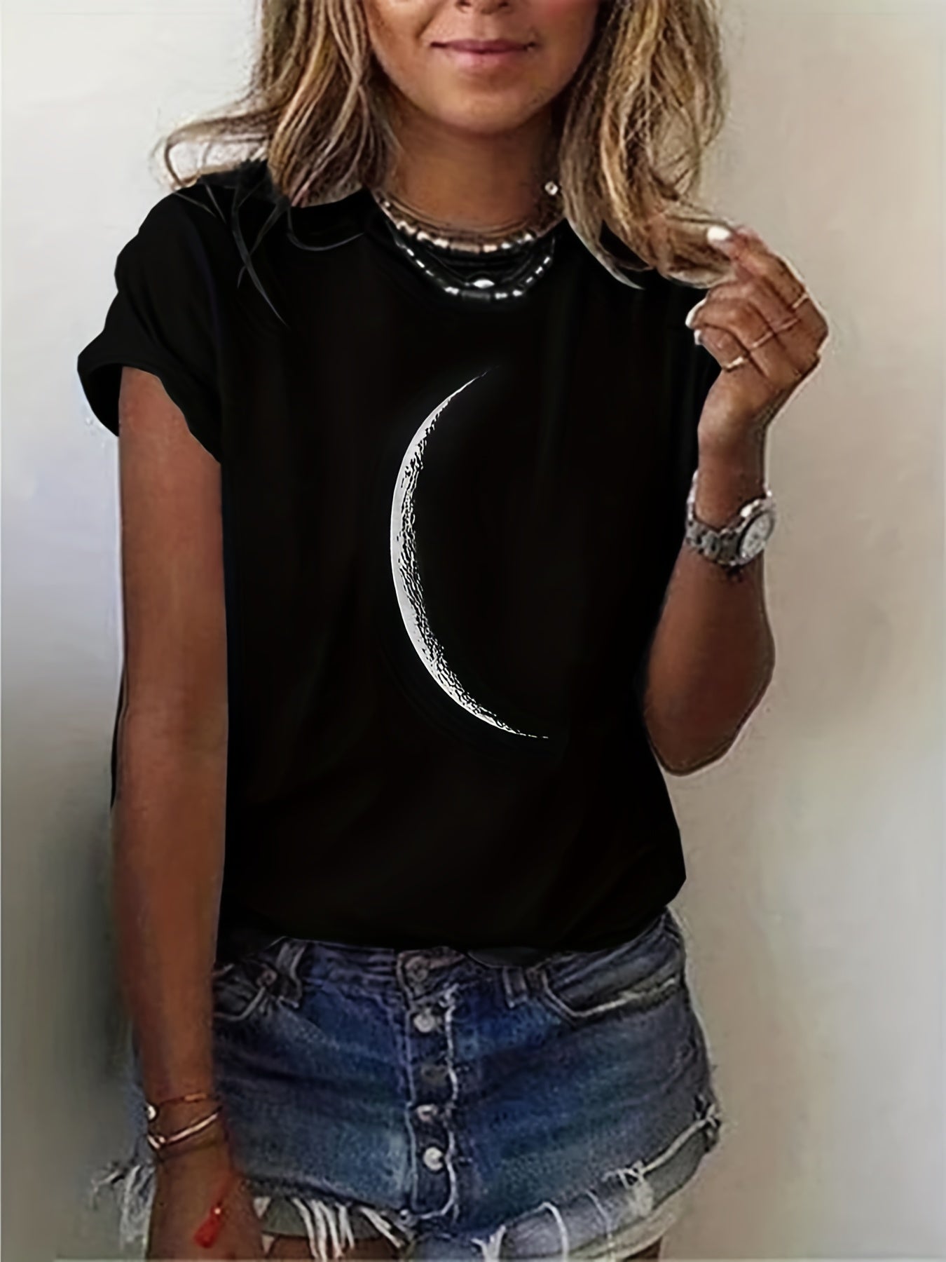 Moon Print Crew Neck T-Shirt, Casual Short Sleeve T-Shirt For Spring & Summer, Women's Clothing