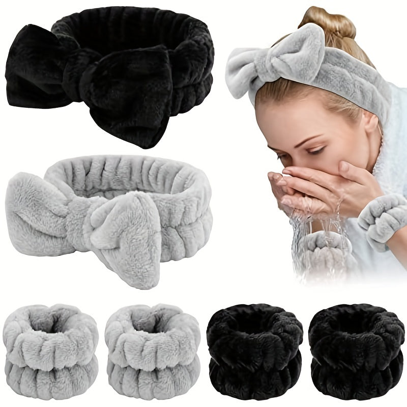 Solid Color Butterfly Headband & Wristband Set - Plush Flannel Hair Accessories for Makeup, Beauty, and Face Washing, Elastic & Comfortable Women's Set