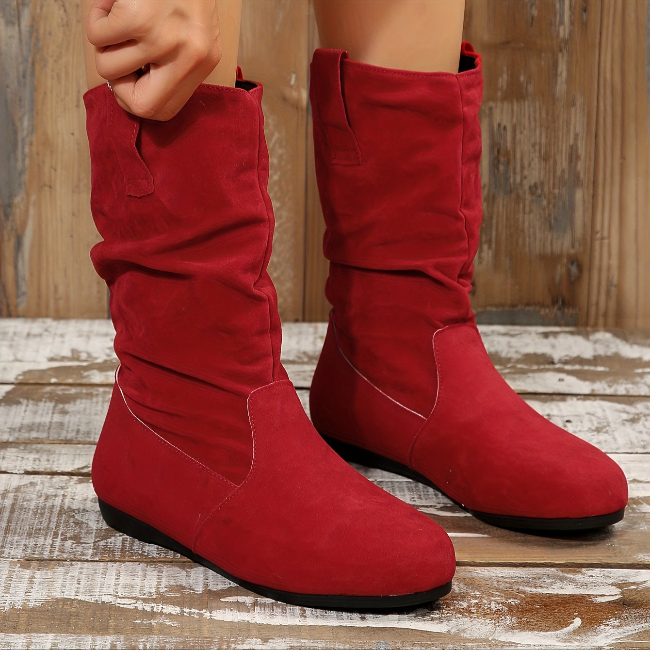 Women's Slouchy Mid Calf Boots, Comfy V-cut Pull On Plush Lined Warm Flat Shoes, Winter Thermal Boots