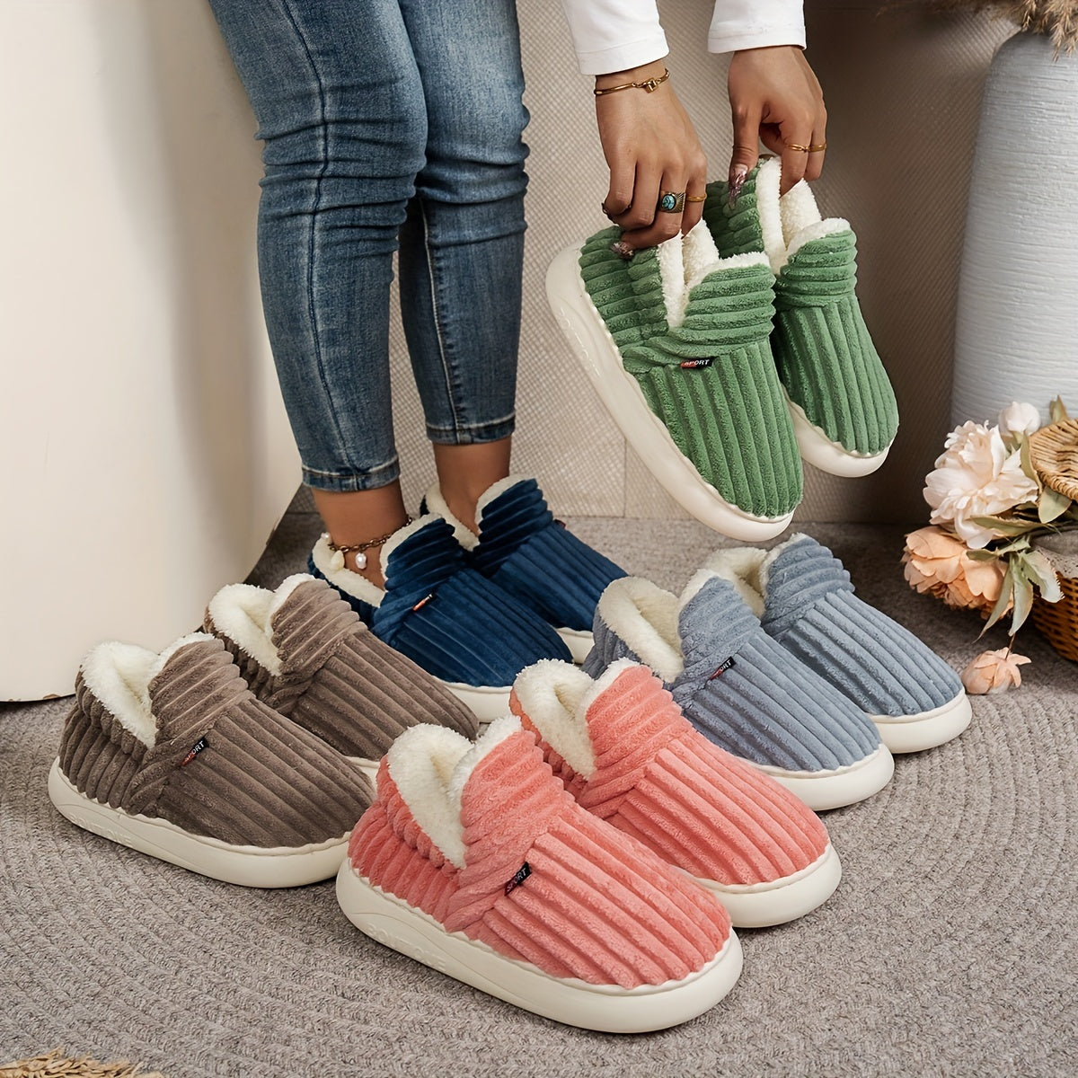 Thermal Solid Color Winter Slippers, Super Soft Slip On Flatform House Shoes, Cozy & Warm Plush Floor Slippers