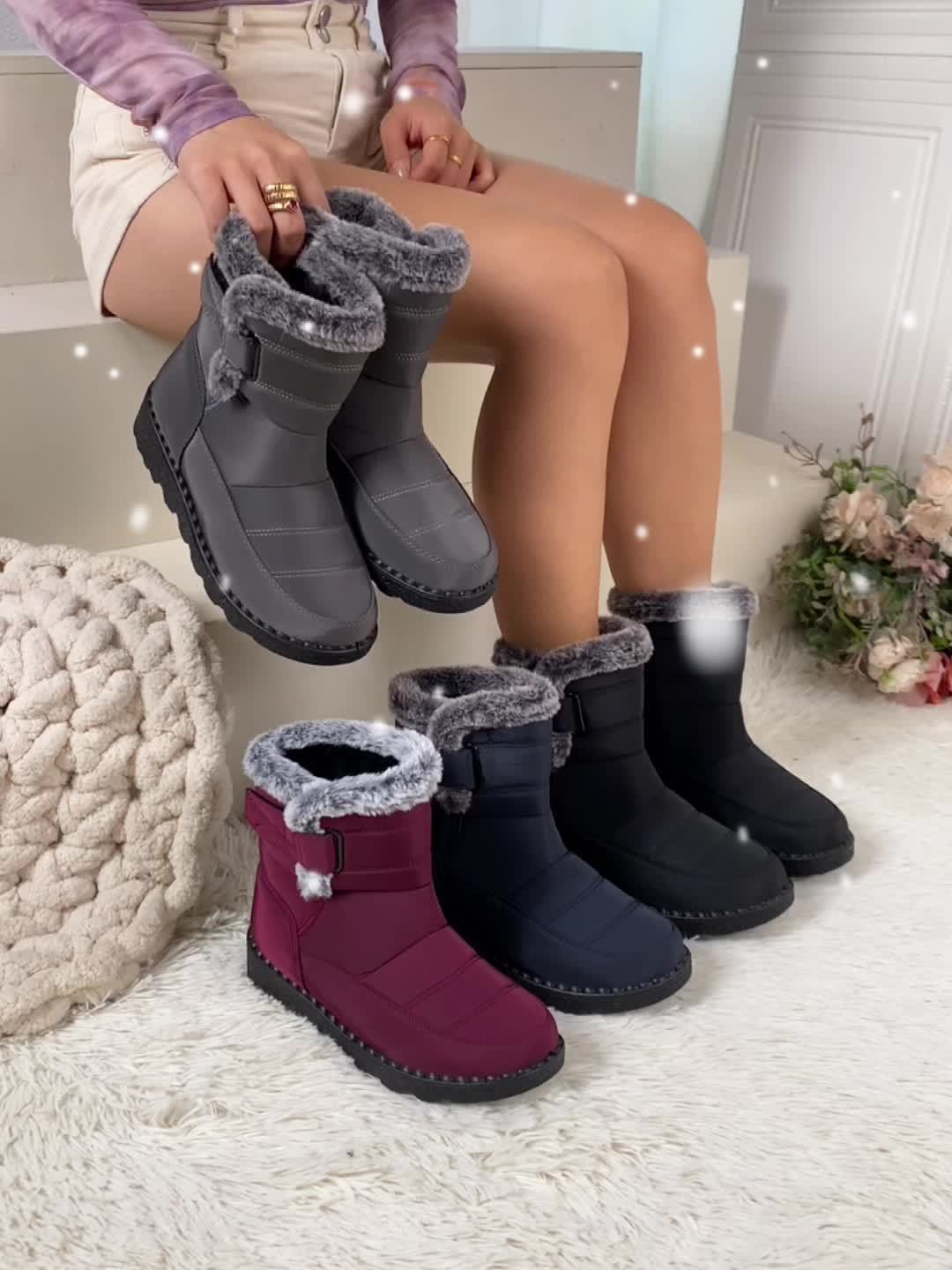 Velvettouch, Women's Winter Anti-Slip Snow Boots with Faux Fur Lining and Adjustable Straps - Casual Mid-Heel Fabric Ankle Booties