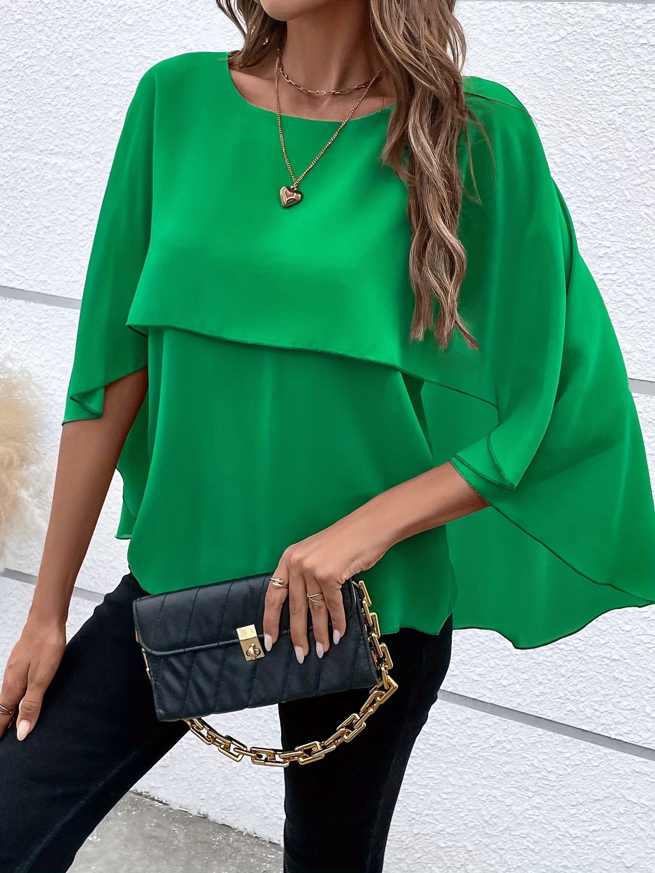 Solid Layered Cloak Sleeve Blouse, Versatile Crew Neck Blouse For Spring & Fall, Women's Clothing