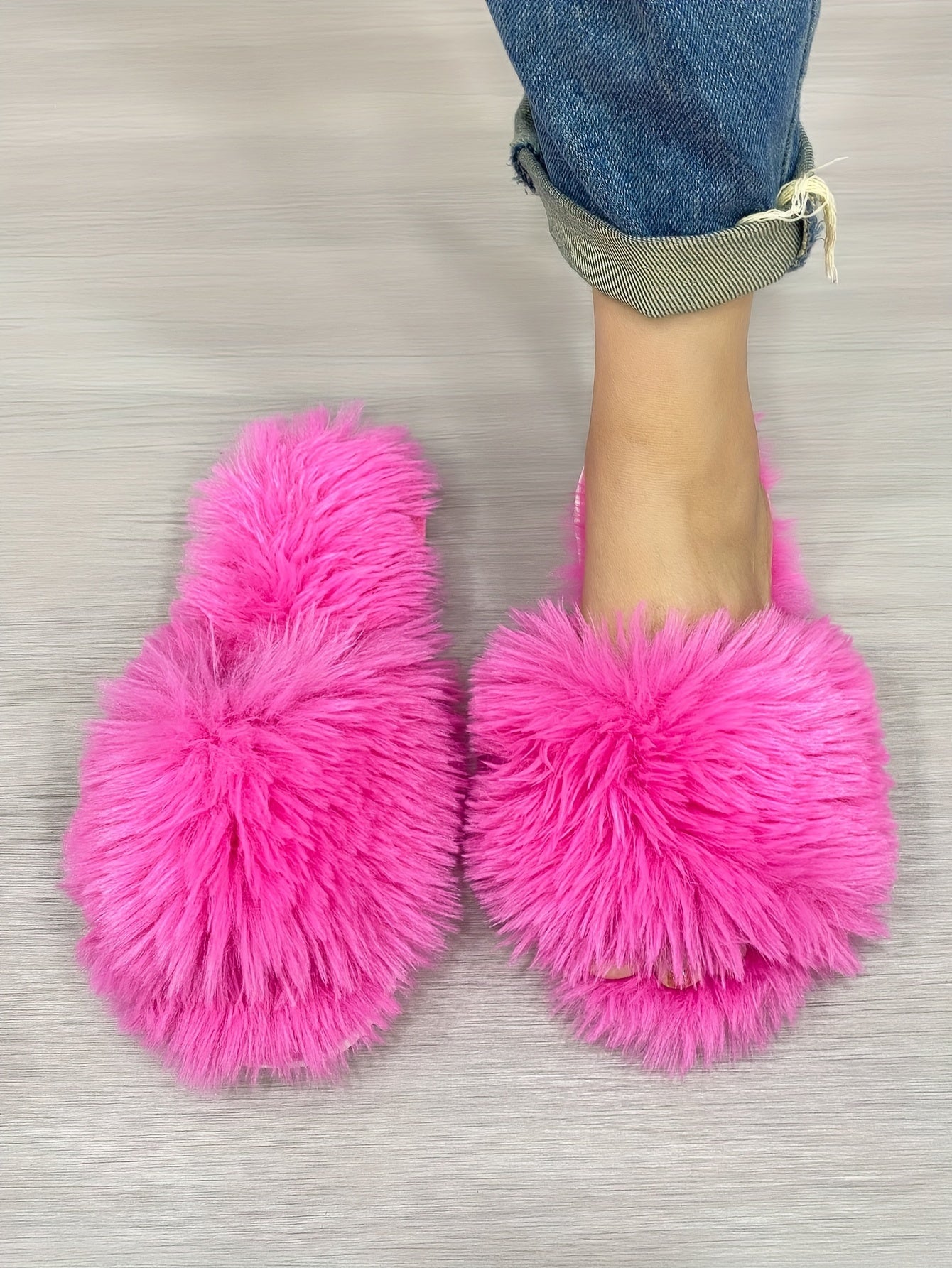 Women's Fluffy Furry Winter Slippers, Solid Color Open Toe Soft Flat Shoes, Cozy & Warm Home Floor Slippers