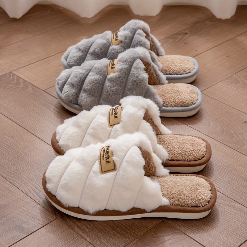 [Trusted] Cozy Plaid Colorblock Slippers for Men & Women - Warm, Non-Slip Indoor Home Shoes with Soft Faux Rabbit Fur Lining