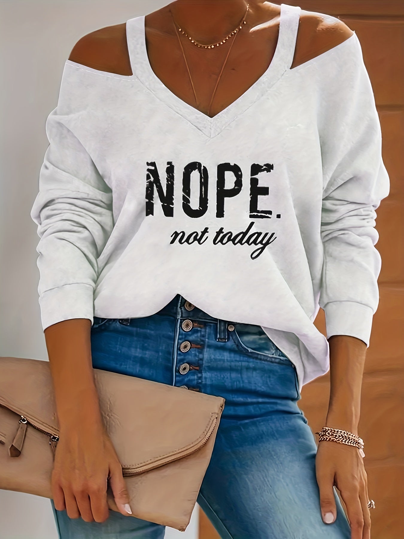 Letter Print Cold Shoulder Pullover Sweatshirt, Casual Long Sleeve V Neck Sweatshirt For Spring & Fall, Women's Clothing