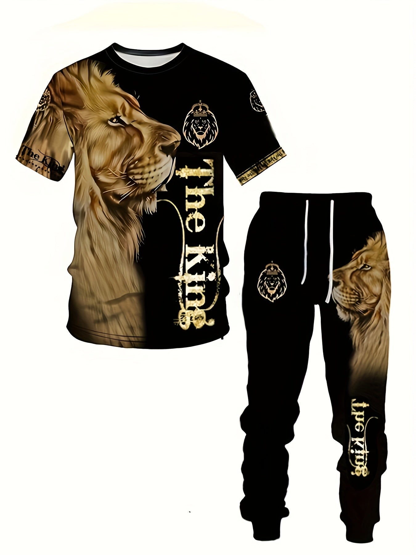 Men's Fashion 3D Lion Print 2-Piece Activewear Set, Short Sleeve T-Shirt And Long Pants, Summer Comfort Fit Sports Suit