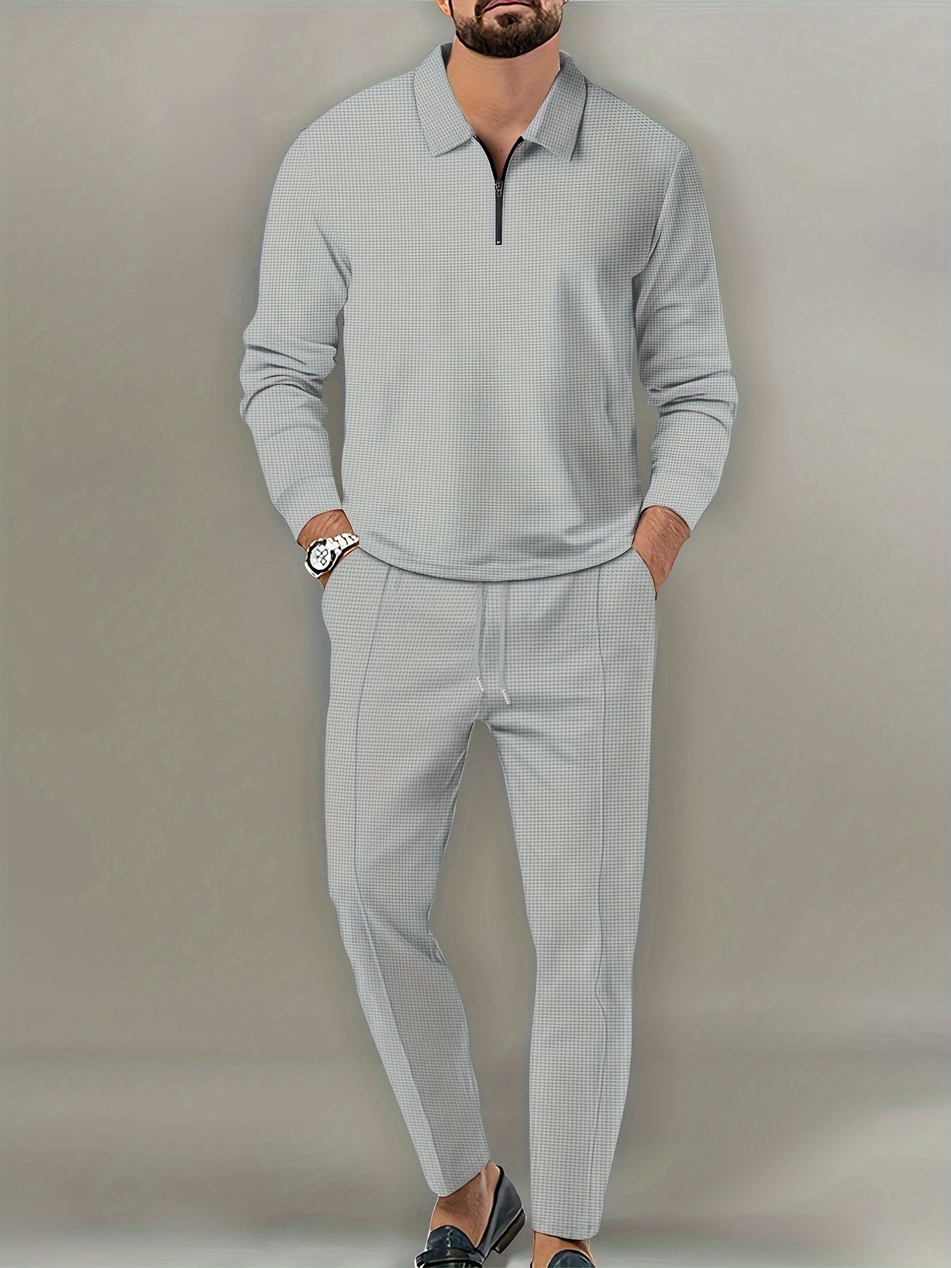 Waffle Pattern Men's 2Pcs Outfits, V Neck Long Sleeve Pullover Shirt & Drawstring Sweatpants Set for Spring/Fall