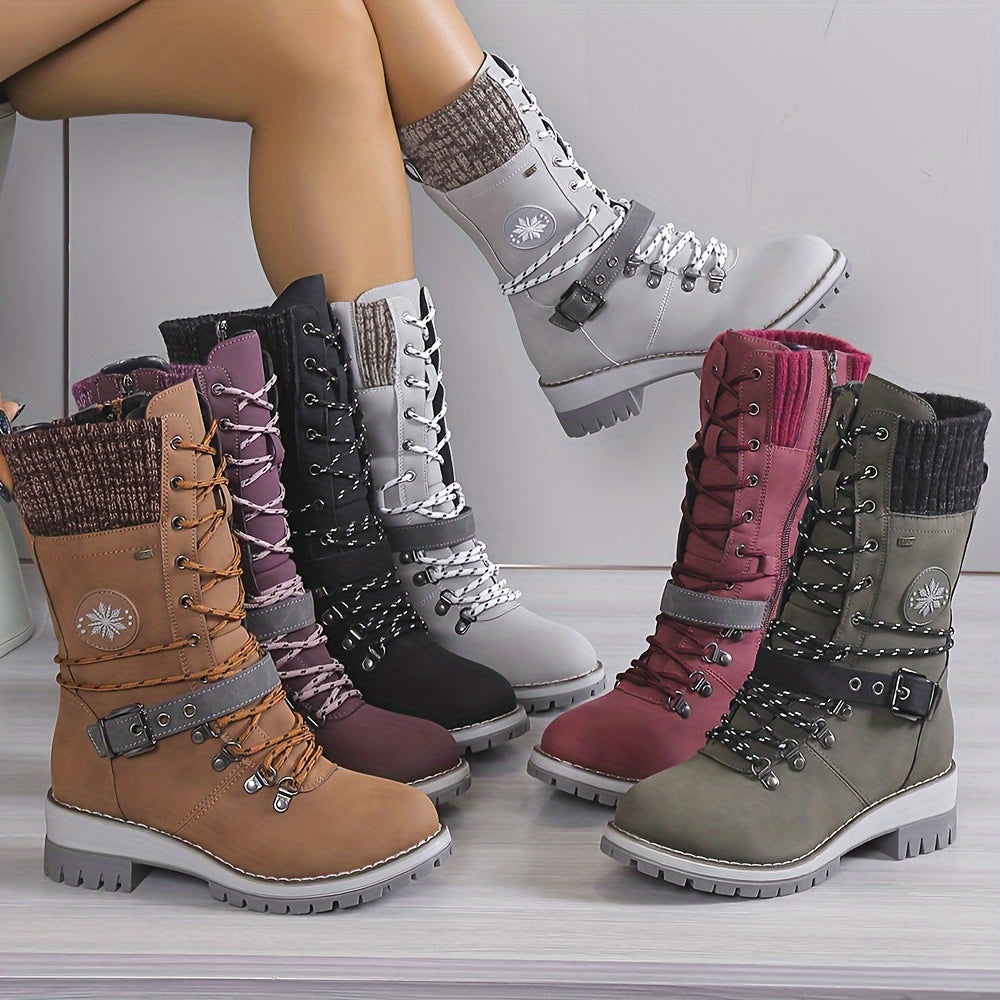 Mid Calf Thermal Women&#39;s Fashion Boots, Knitted Lace Up with Side Zipper, All-Match Outdoor