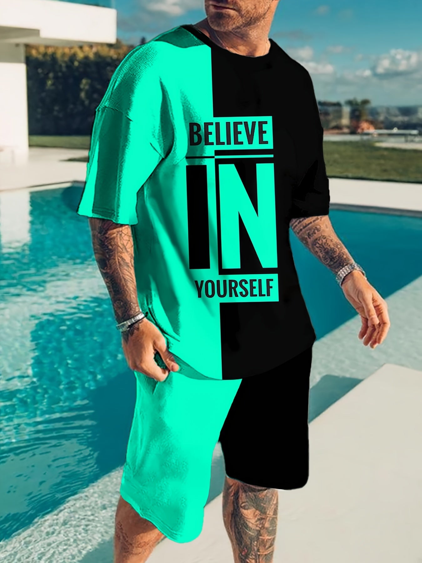 Believe In Yourself Print, Men's 2Pcs Outfits, Casual Crew Neck Short Sleeve T-shirt And Drawstring Shorts Set For Summer, Men's Clothing