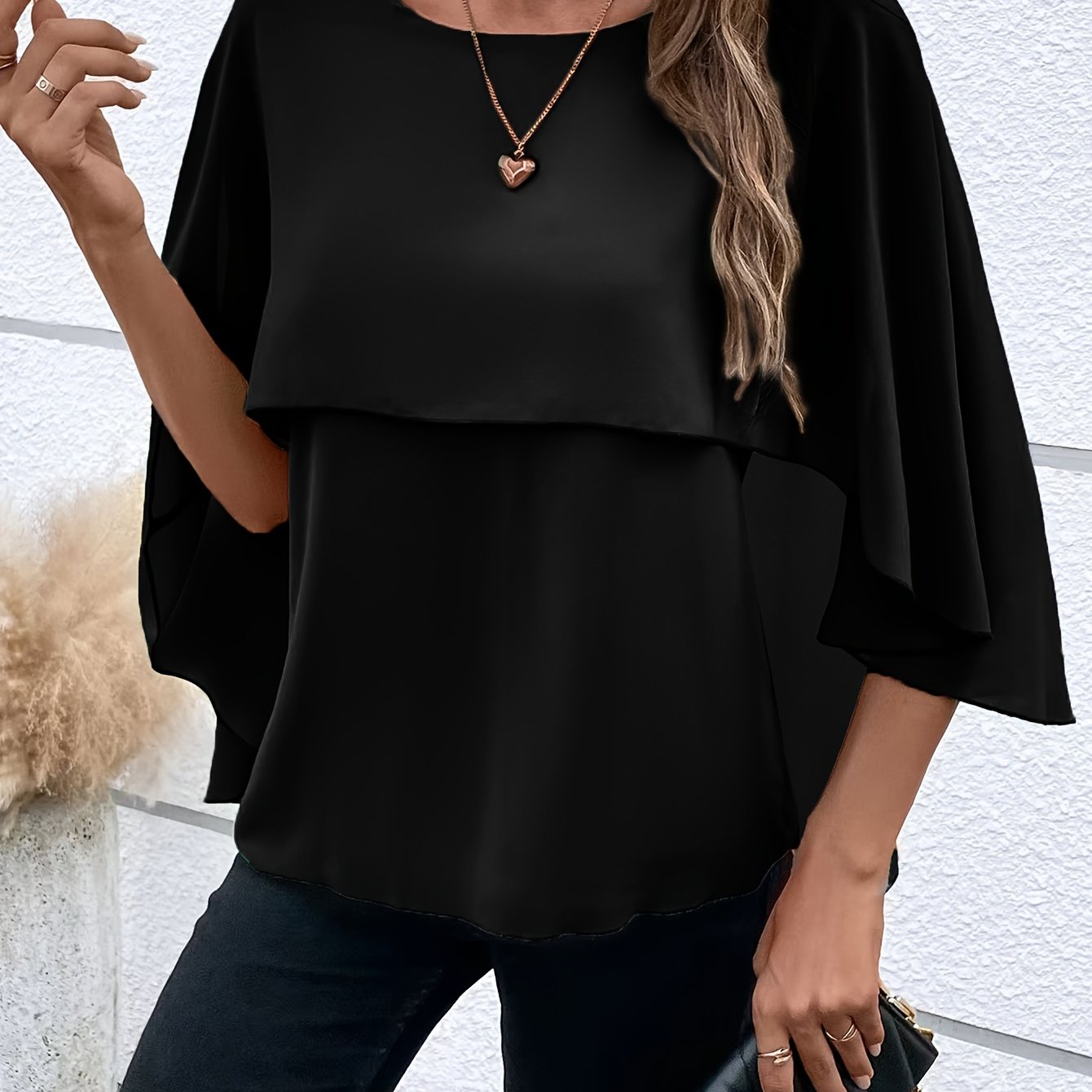 Solid Layered Cloak Sleeve Blouse, Versatile Crew Neck Blouse For Spring & Fall, Women's Clothing