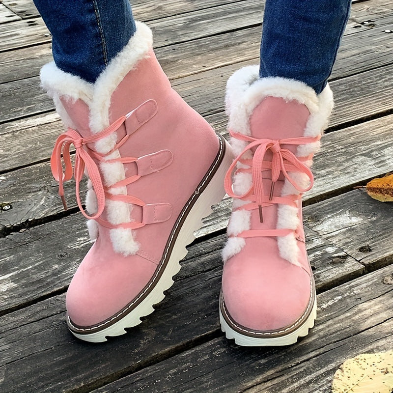 Plush Lined Women's Mid Calf Snow Boots, Solid Color Lace Up Outdoor Anti-Slip Winter Thermal Boots