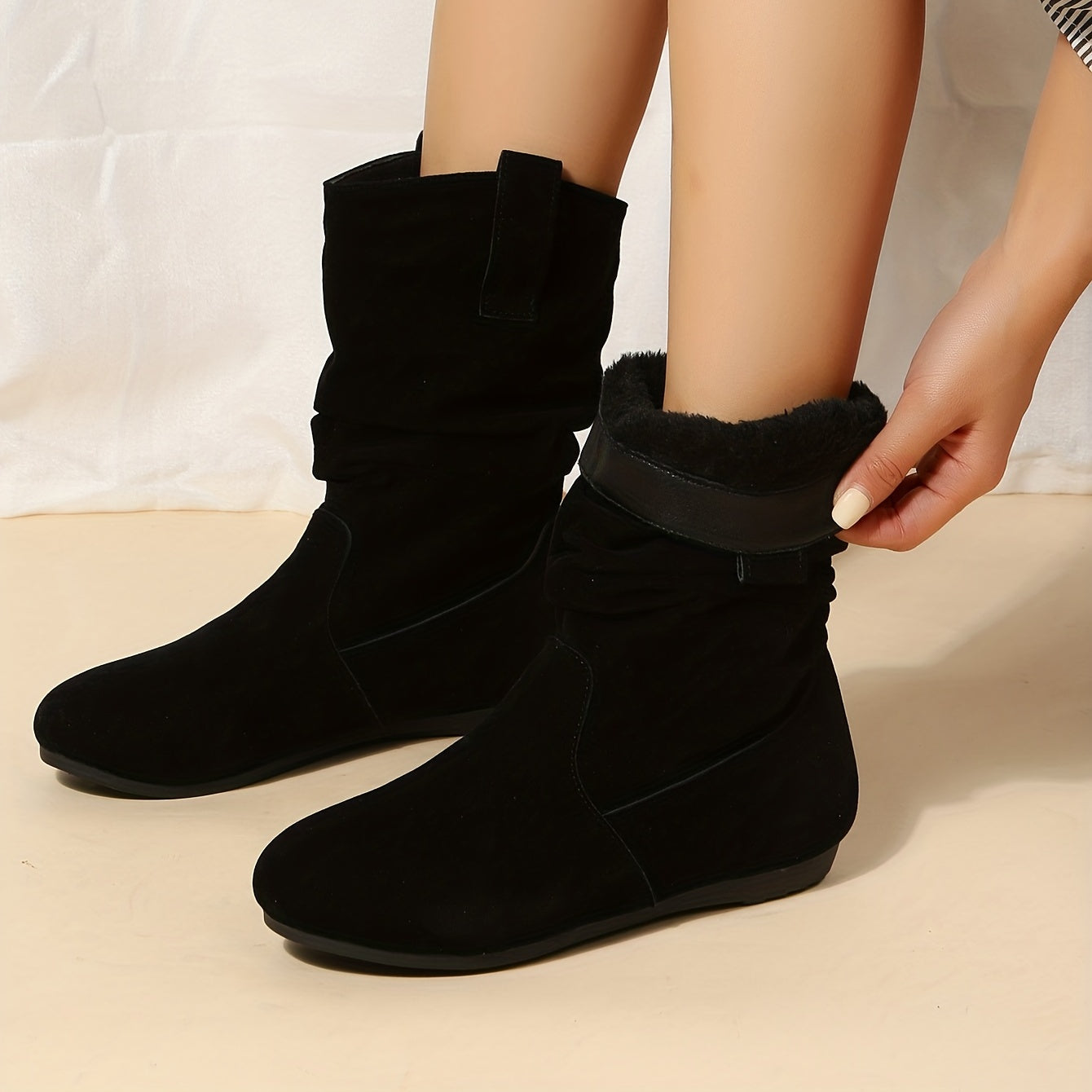 Women's Slouchy Mid Calf Boots, Comfy V-cut Pull On Plush Lined Warm Flat Shoes, Winter Thermal Boots