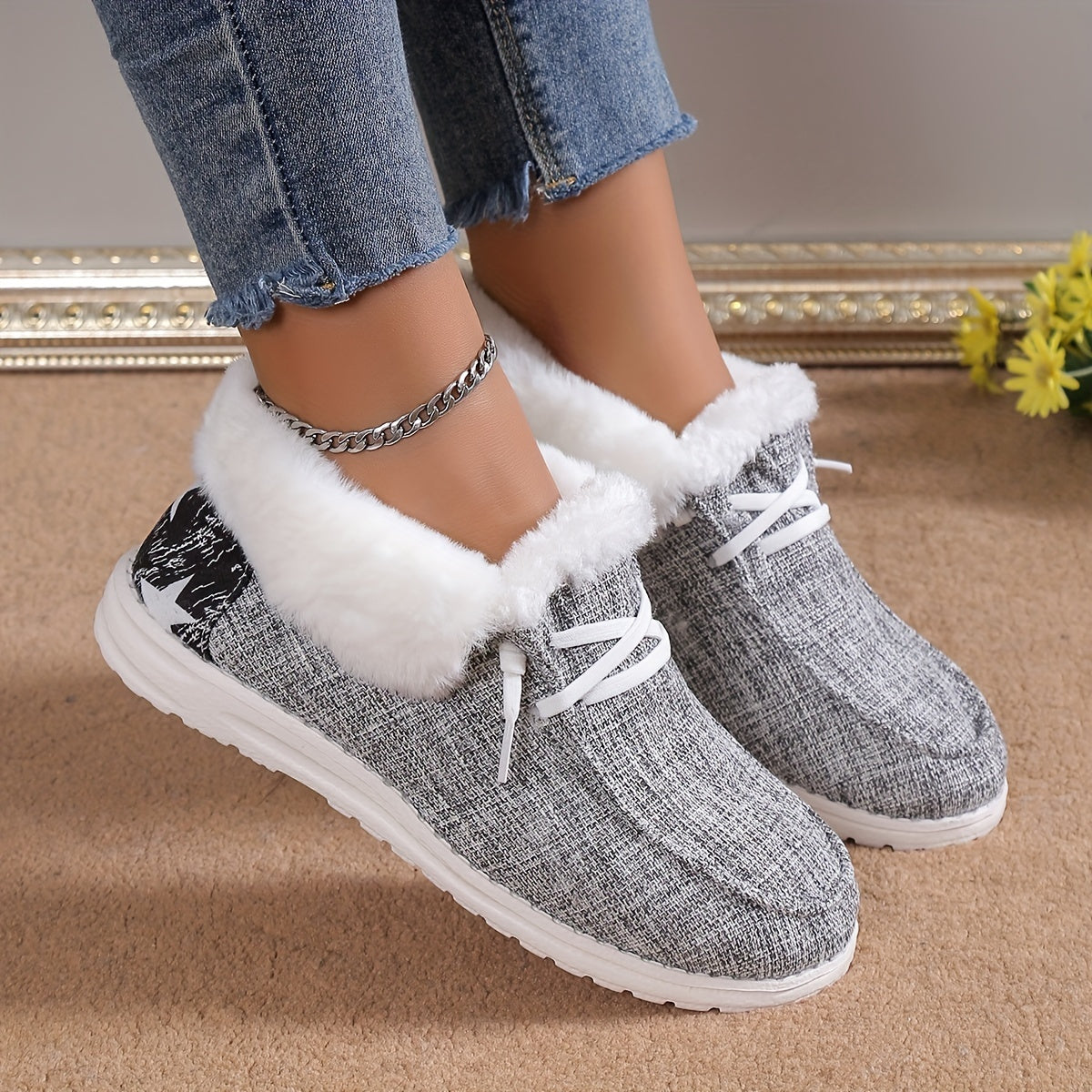 Women'S Plush Lined Canvas Shoes, Warm& Cozy Slip On Snow Boots, Thermal Winter Ankle Boots