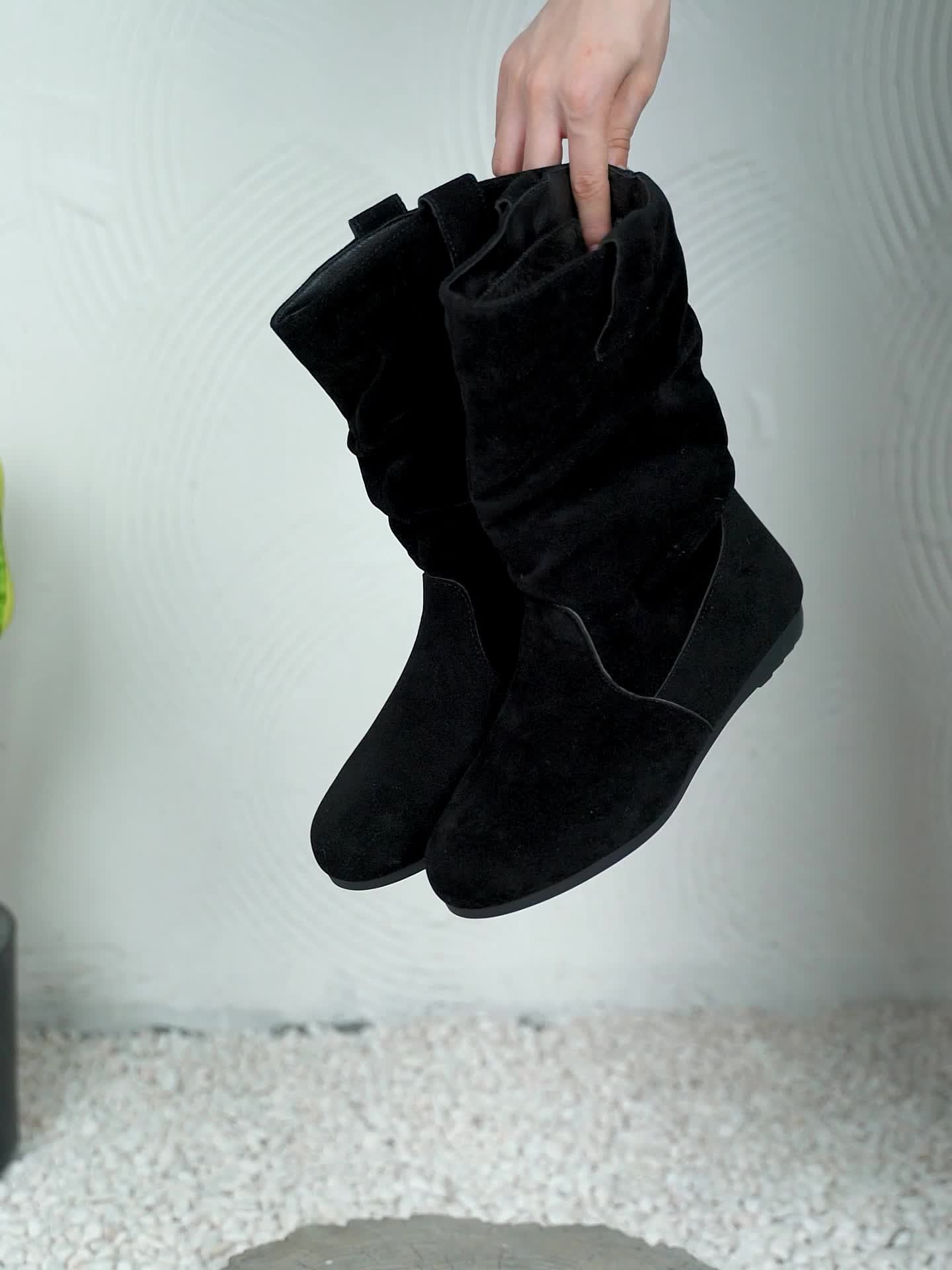 Women's Slouchy Mid Calf Boots, Comfy V-cut Pull On Plush Lined Warm Flat Shoes, Winter Thermal Boots