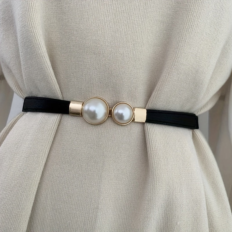 Faux Pearl Elastic Thin Belt, Women's Decoration For Dress, Fashion Simple Women's Buckle Thin Belt