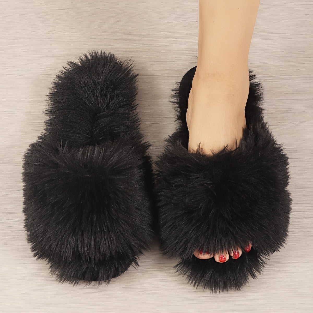 Women's Fluffy Furry Winter Slippers, Solid Color Open Toe Soft Flat Shoes, Cozy & Warm Home Floor Slippers