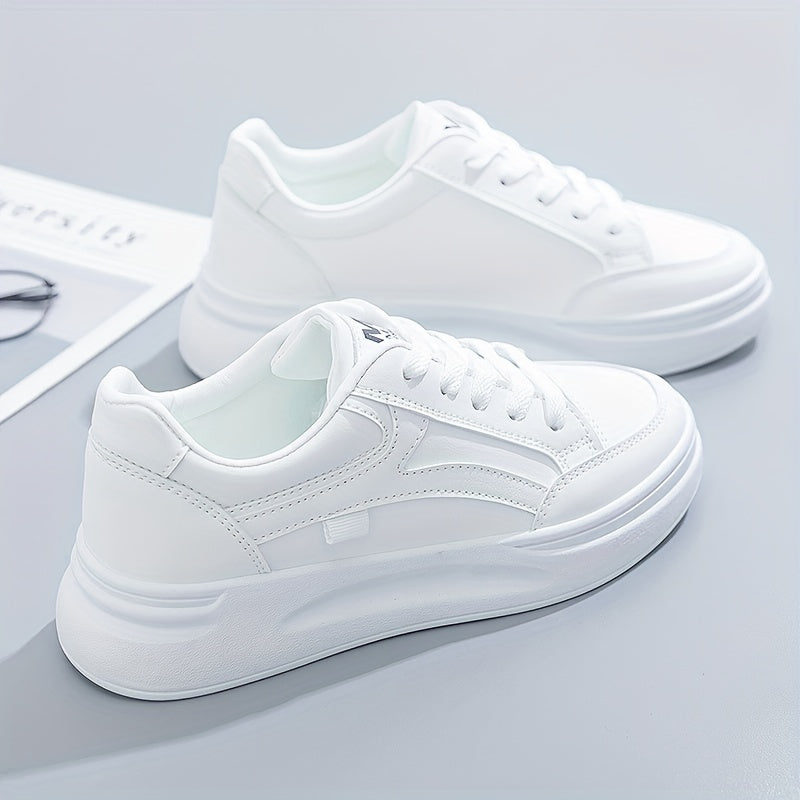 Women's Platform Skate Shoes, Versatile Height Increasing Lace Up Low Top Shoes, Outdoor Walking White Shoes plus size