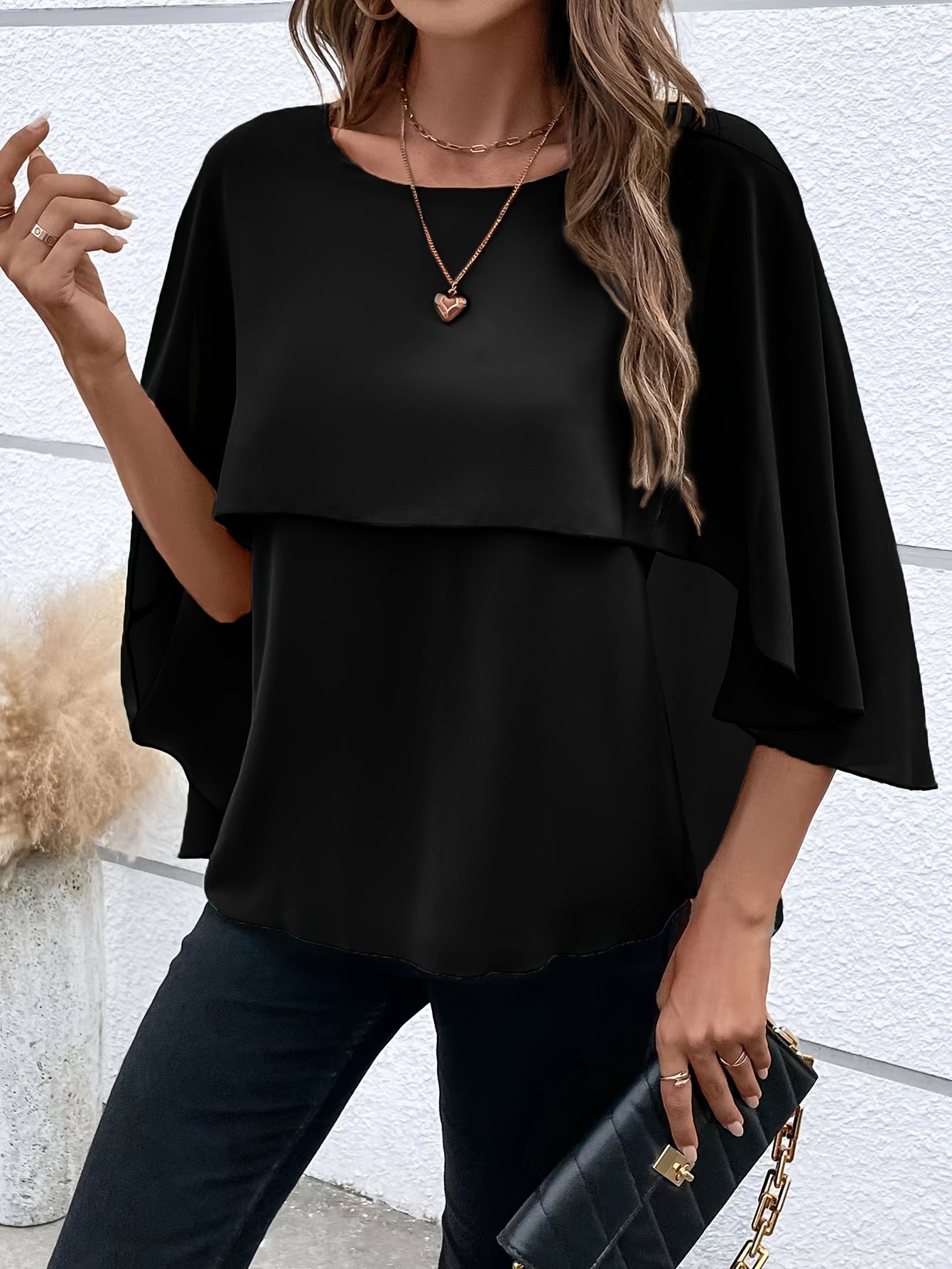 Solid Layered Cloak Sleeve Blouse, Versatile Crew Neck Blouse For Spring & Fall, Women's Clothing