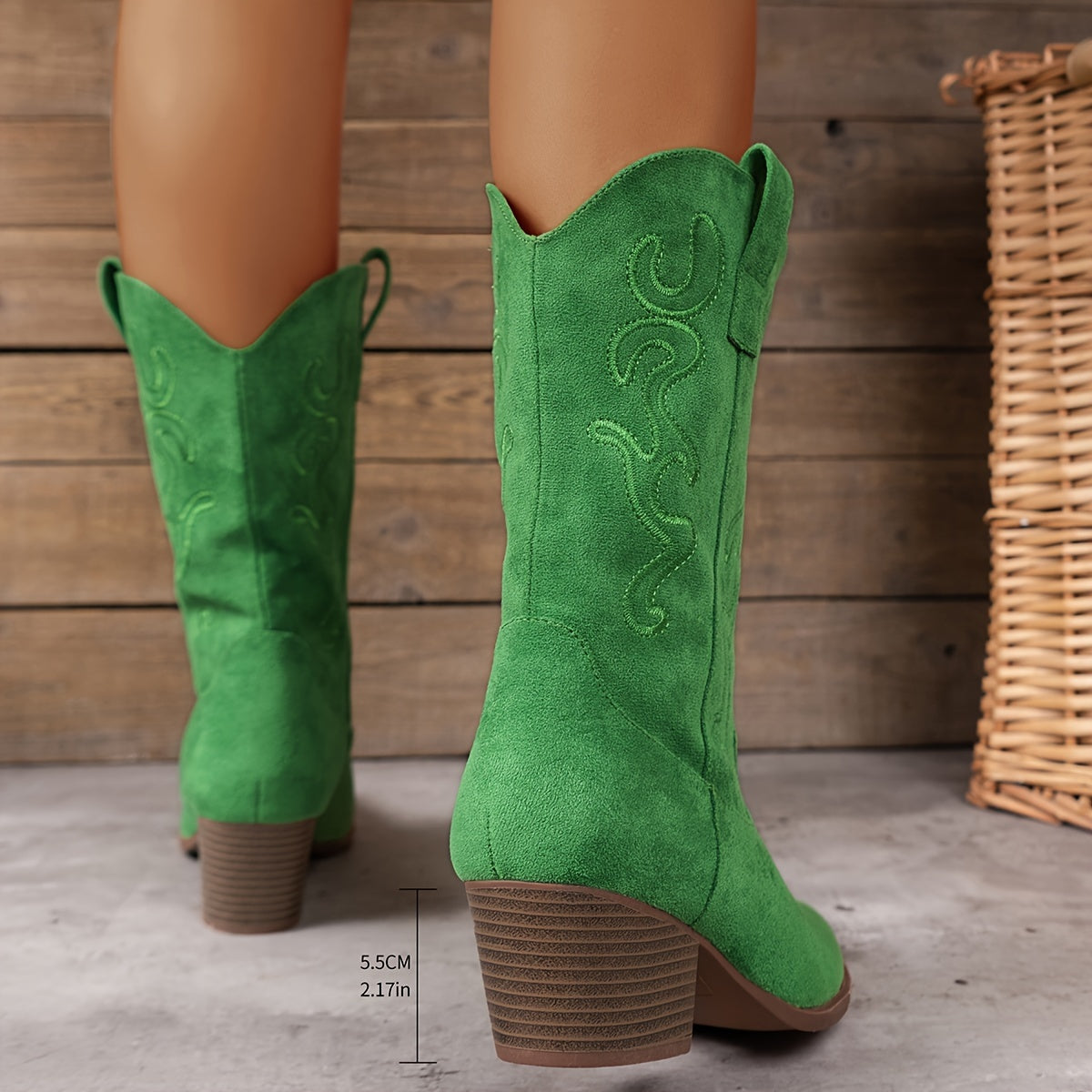 Womens Chic Embroidered Western Boots - Trendy Chunky Heel Mid-Calf Style, Pointed Toe Comfort for Vacation Wear