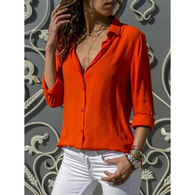 Women's Elegant Long Sleeve V Neck Loose Shirts