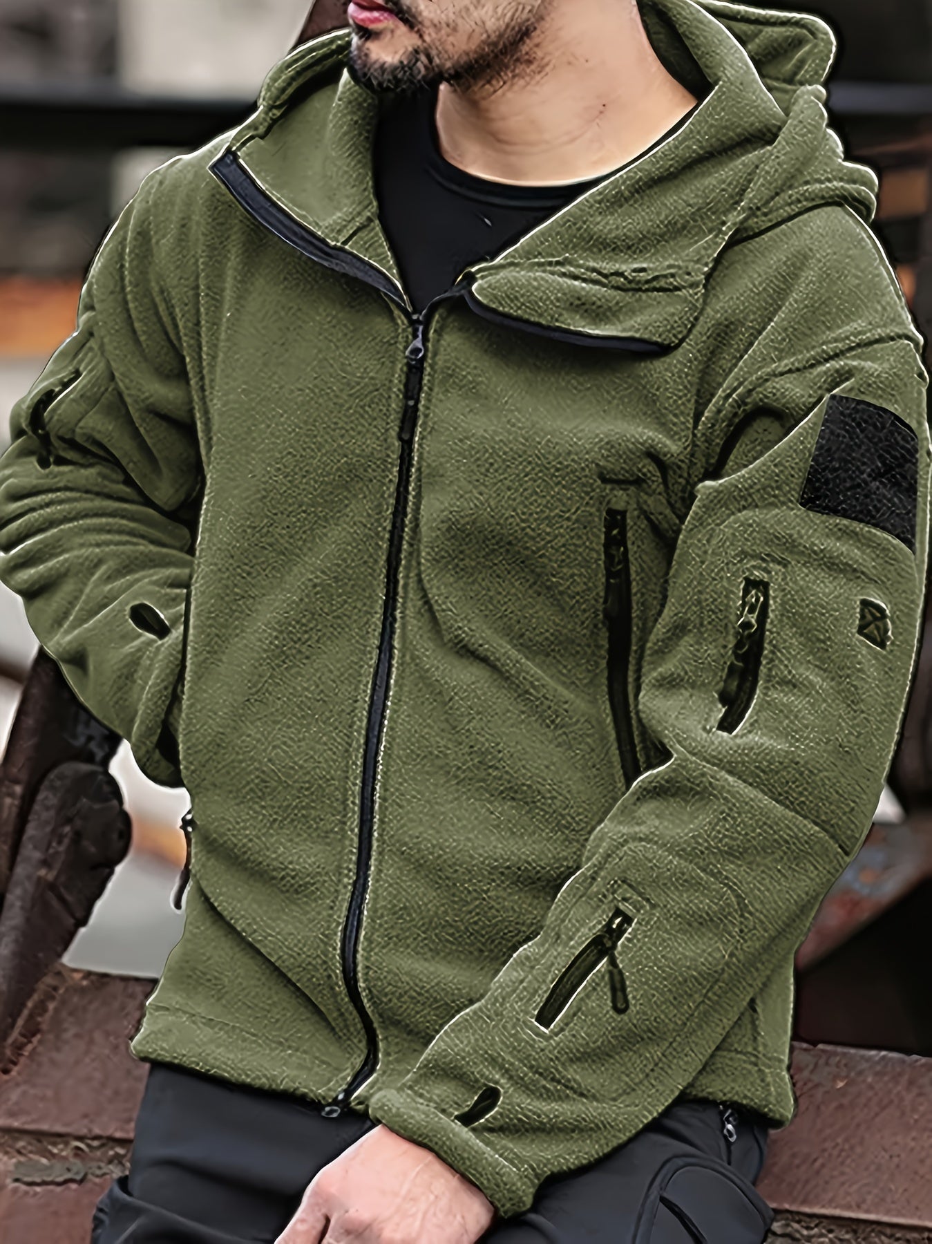 Men's Fleece-Lined Hooded Jacket - Casual Stretch Zip-Up Coat with Pockets for Fall/Winter, Solid Color, Comfortable, Sports