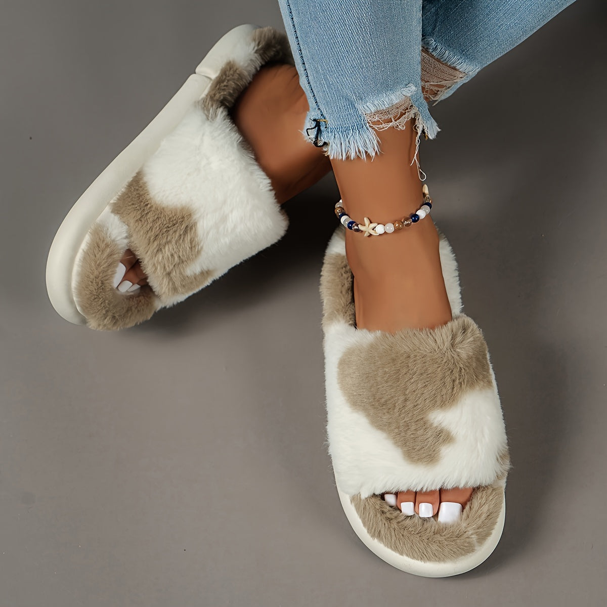 Cozy Fluffy Furry House Slippers, Single Band Open Toe Platform Fuzzy Shoes, Comfy Warm Home Slippers