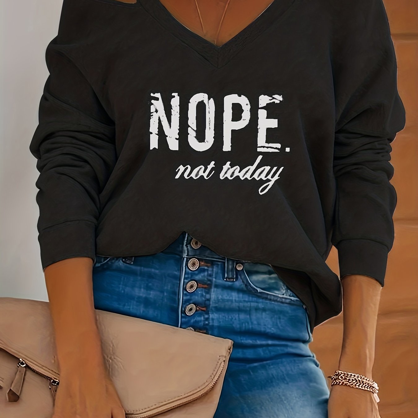 Letter Print Cold Shoulder Pullover Sweatshirt, Casual Long Sleeve V Neck Sweatshirt For Spring & Fall, Women's Clothing