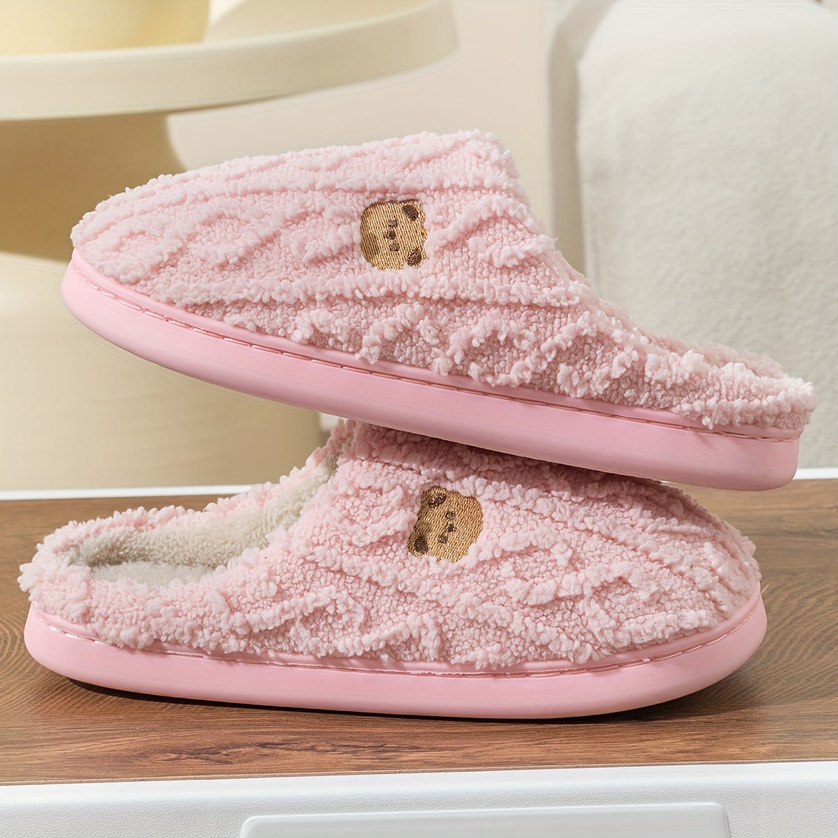 Solid Color Home Warm Slippers, Slip On Soft Sole Flat Non-slip Fuzzy Shoes, Winter Plush Cozy Slides Shoes