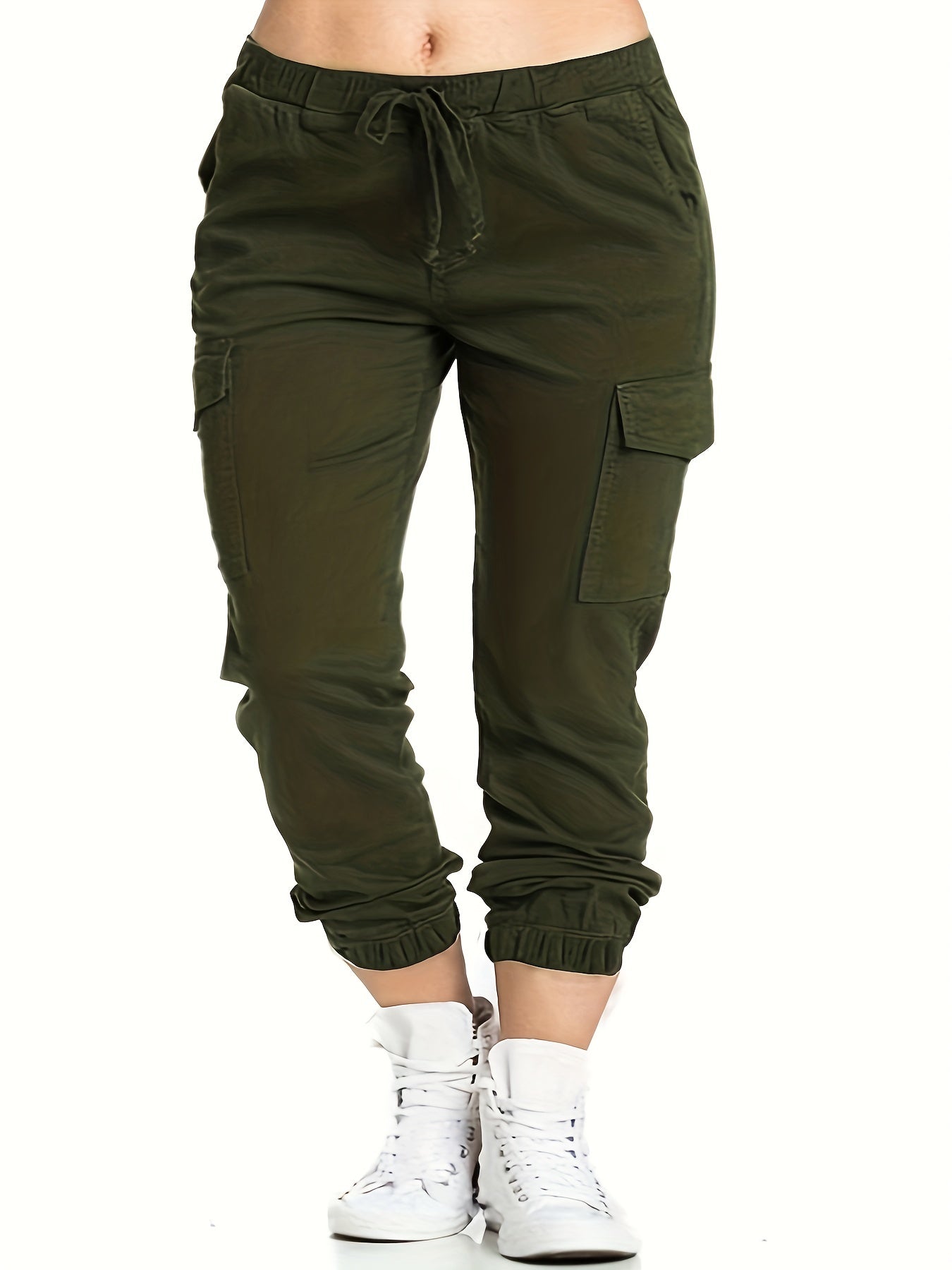 Plus Size Casual Pants, Women's Plus Solid Elastic Drawstring Flap Pockets Tapered Leg Cargo Pants