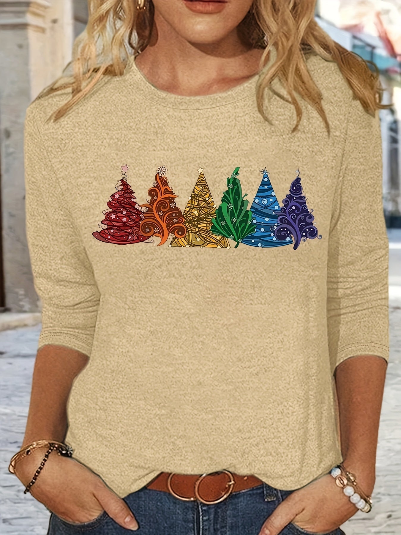 Christmas Tree Print Crew Neck T-Shirt, Casual Long Sleeve T-Shirt For Spring & Fall, Women's Clothing