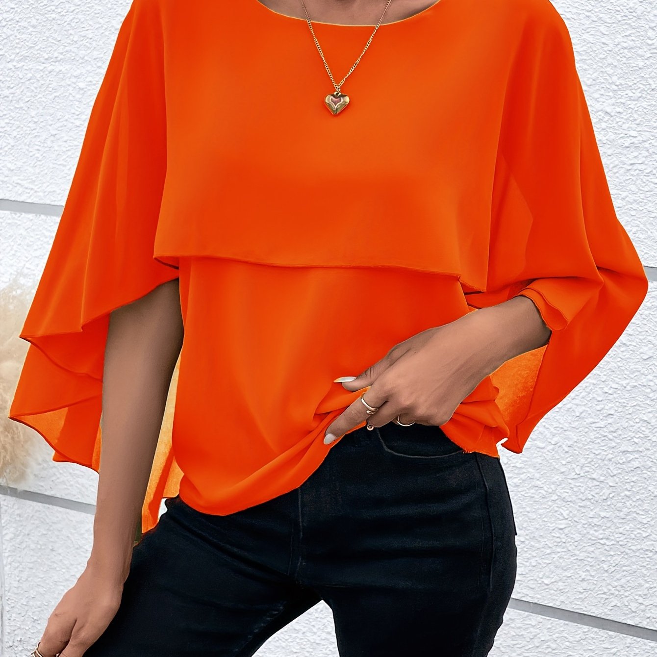 Solid Layered Cloak Sleeve Blouse, Versatile Crew Neck Blouse For Spring & Fall, Women's Clothing