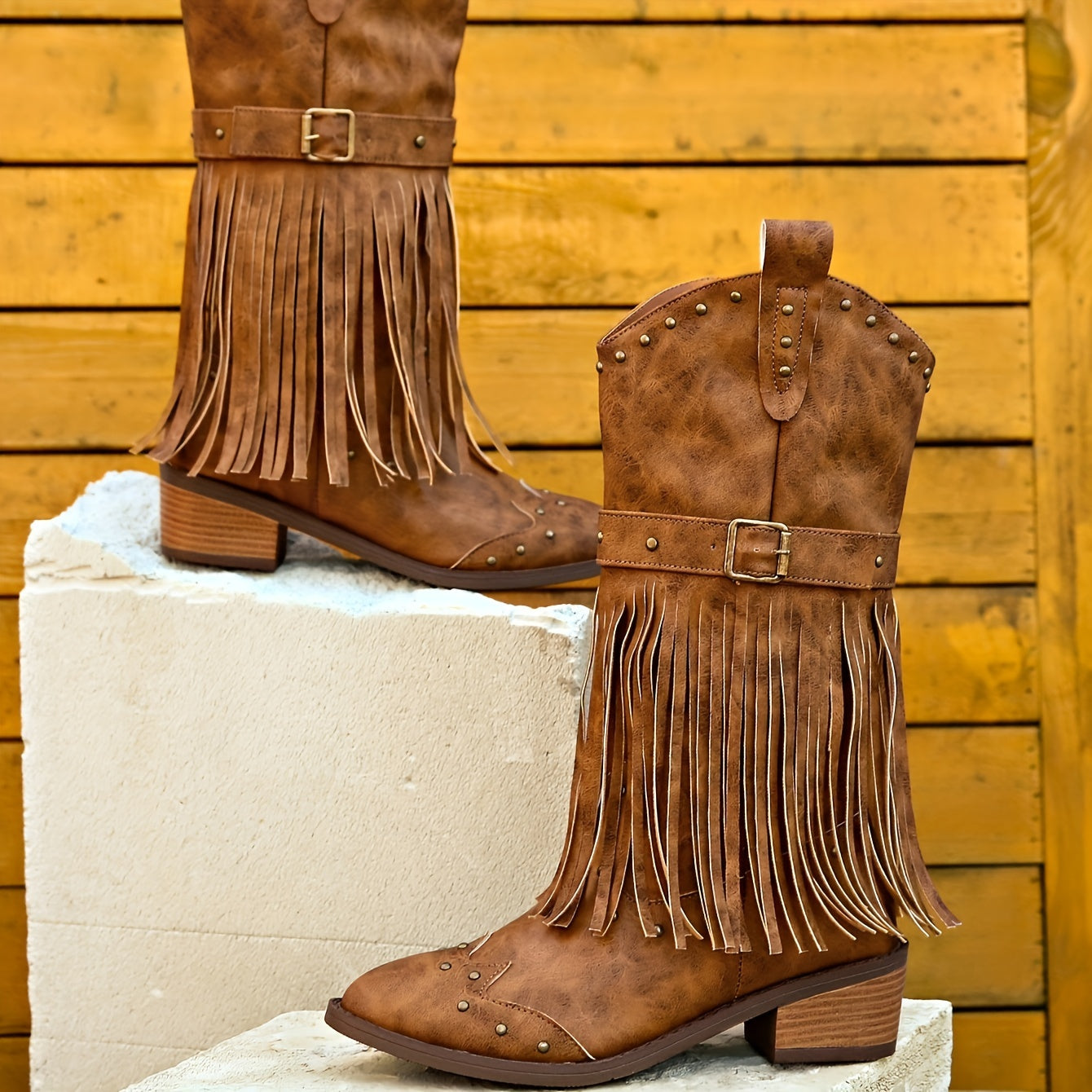 Womens Tassel Accent Cowboy Boots - Luxurious Comfort with Chunky Heel, Smooth Zipper & Trendy Buckle Straps - Fashionable Western Style