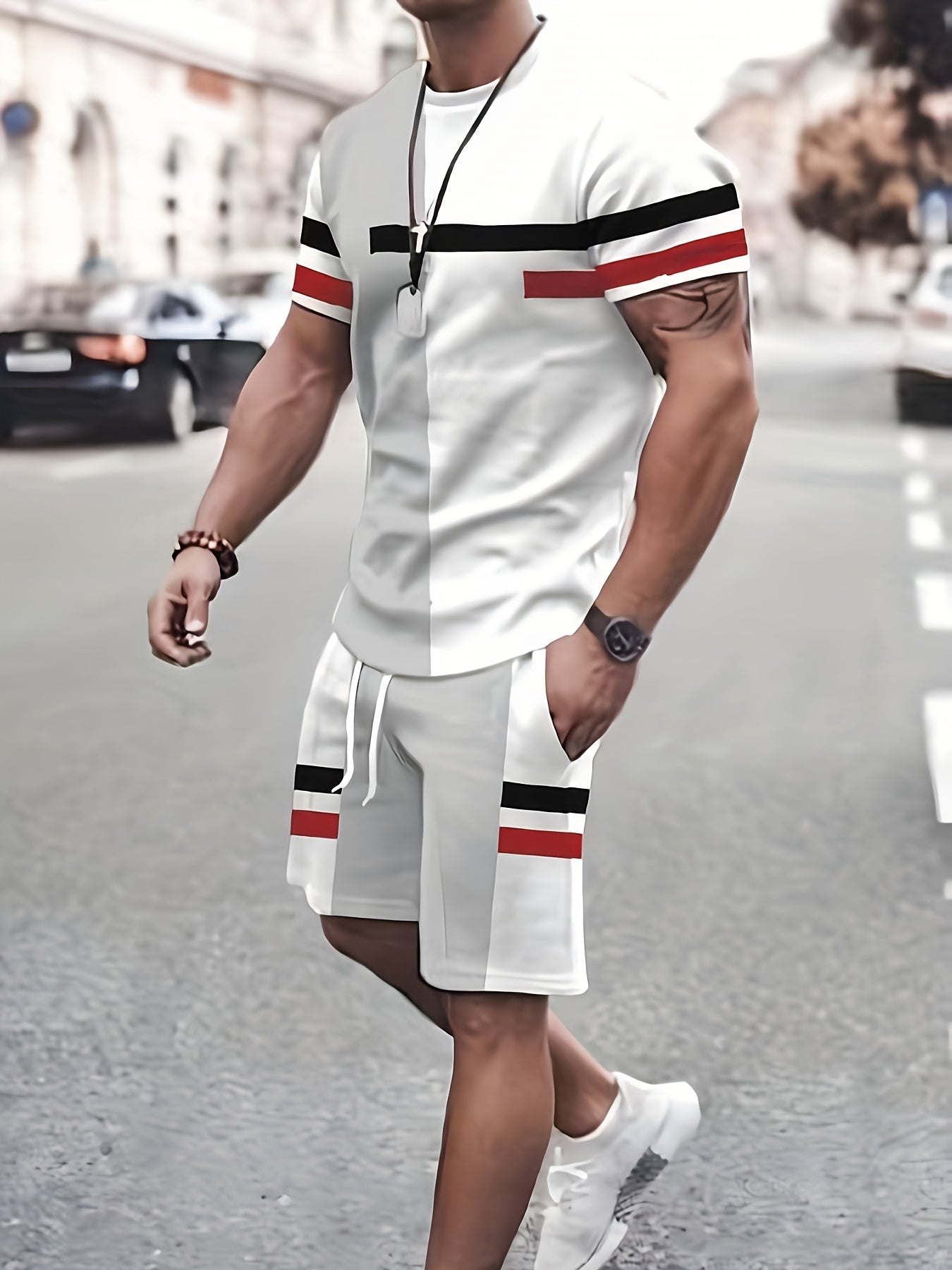 Color Block Pattern Print, 2Pcs Outfits for Men, Casual Crew Neck T-shirt & Drawstring Shorts Set for Summer, Loungewear Vacation Workout